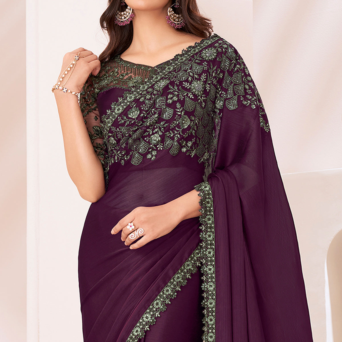 Wine Embroidered Chiffon Saree