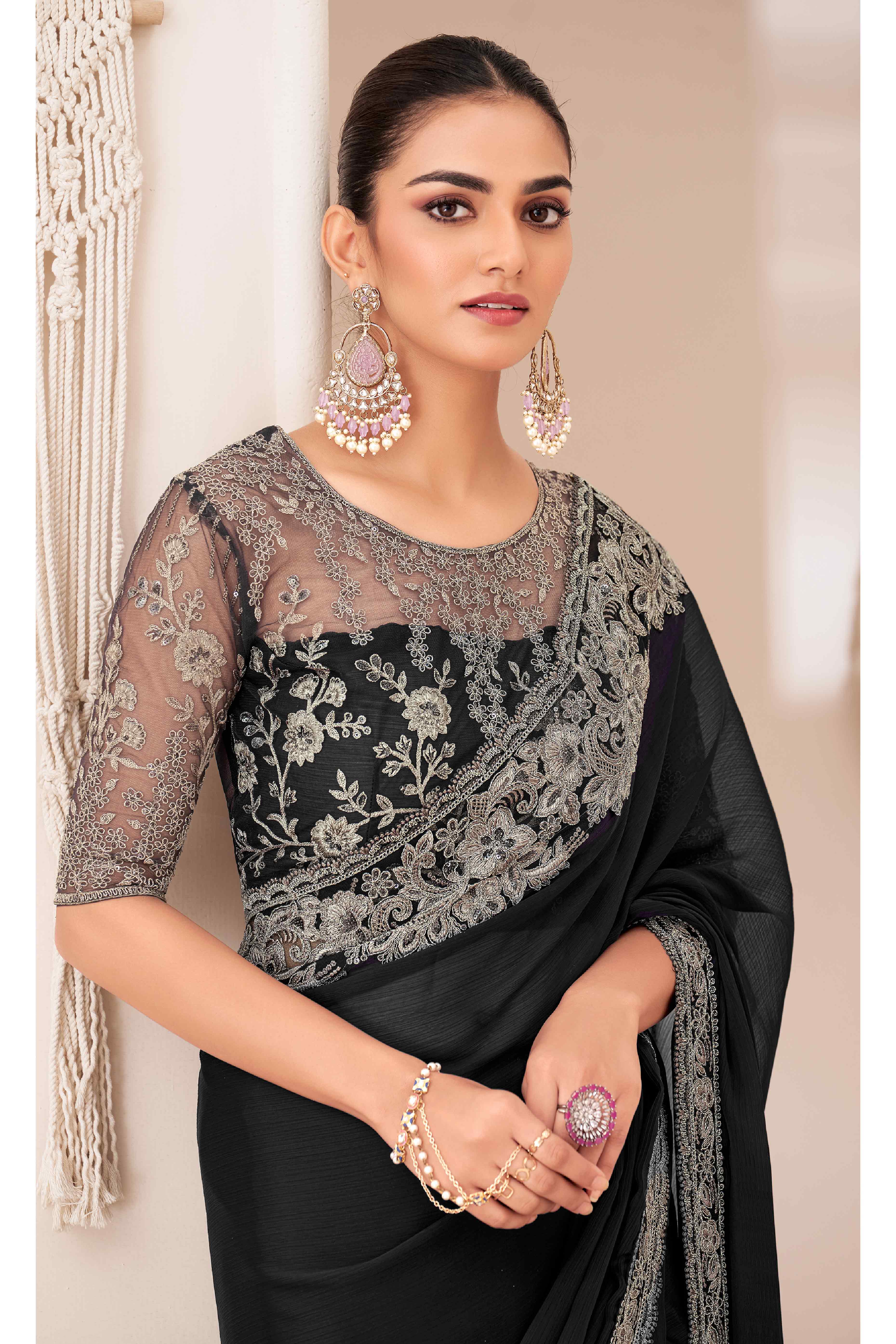 Black Floral Sequins Embroidered Georgette Saree