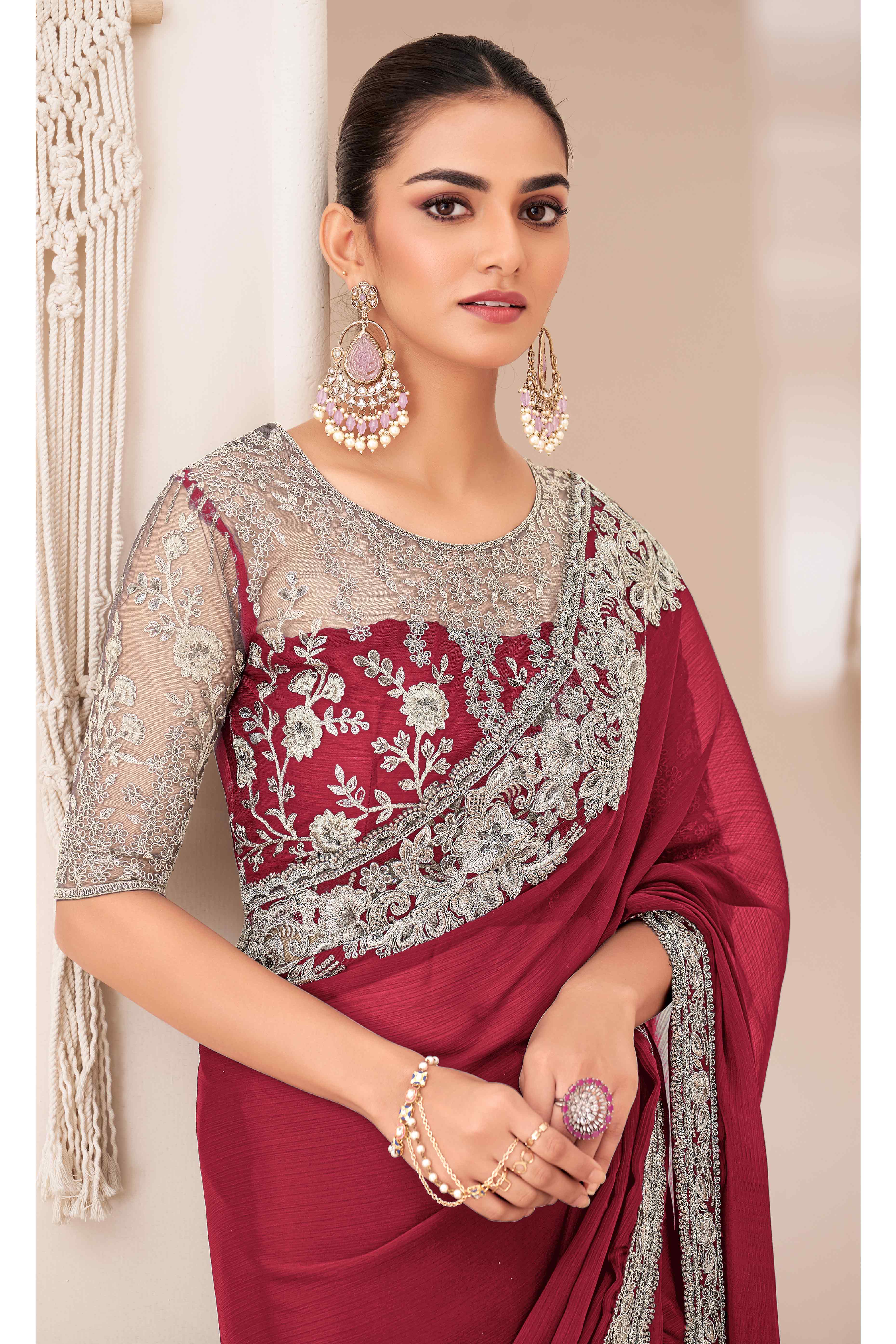 Red Floral Sequins Embroidered Georgette Saree