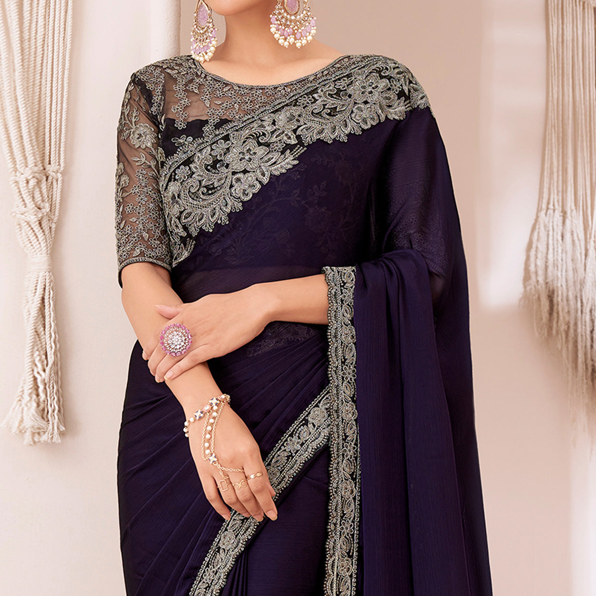 Navy Blue Embroidered Georgette Saree