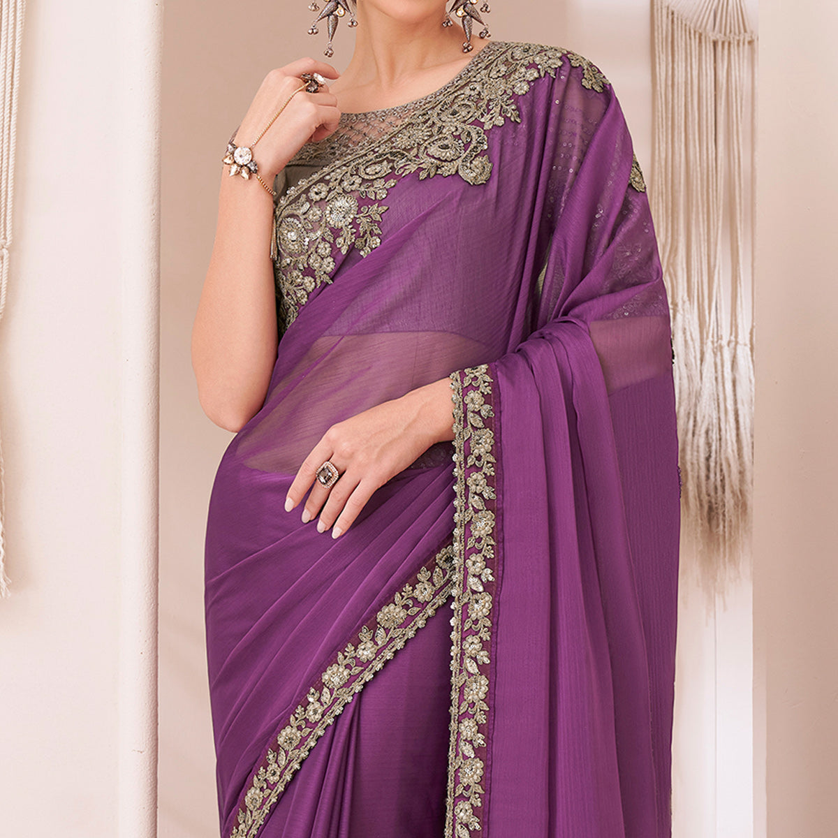 Purple Embroidered Georgette Saree