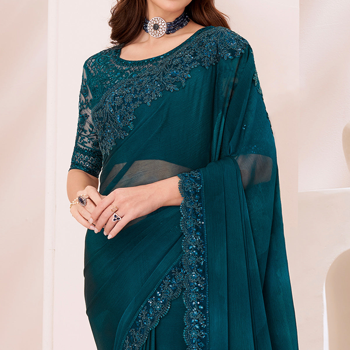 Morpich Blue Embroidered Chiffon Saree