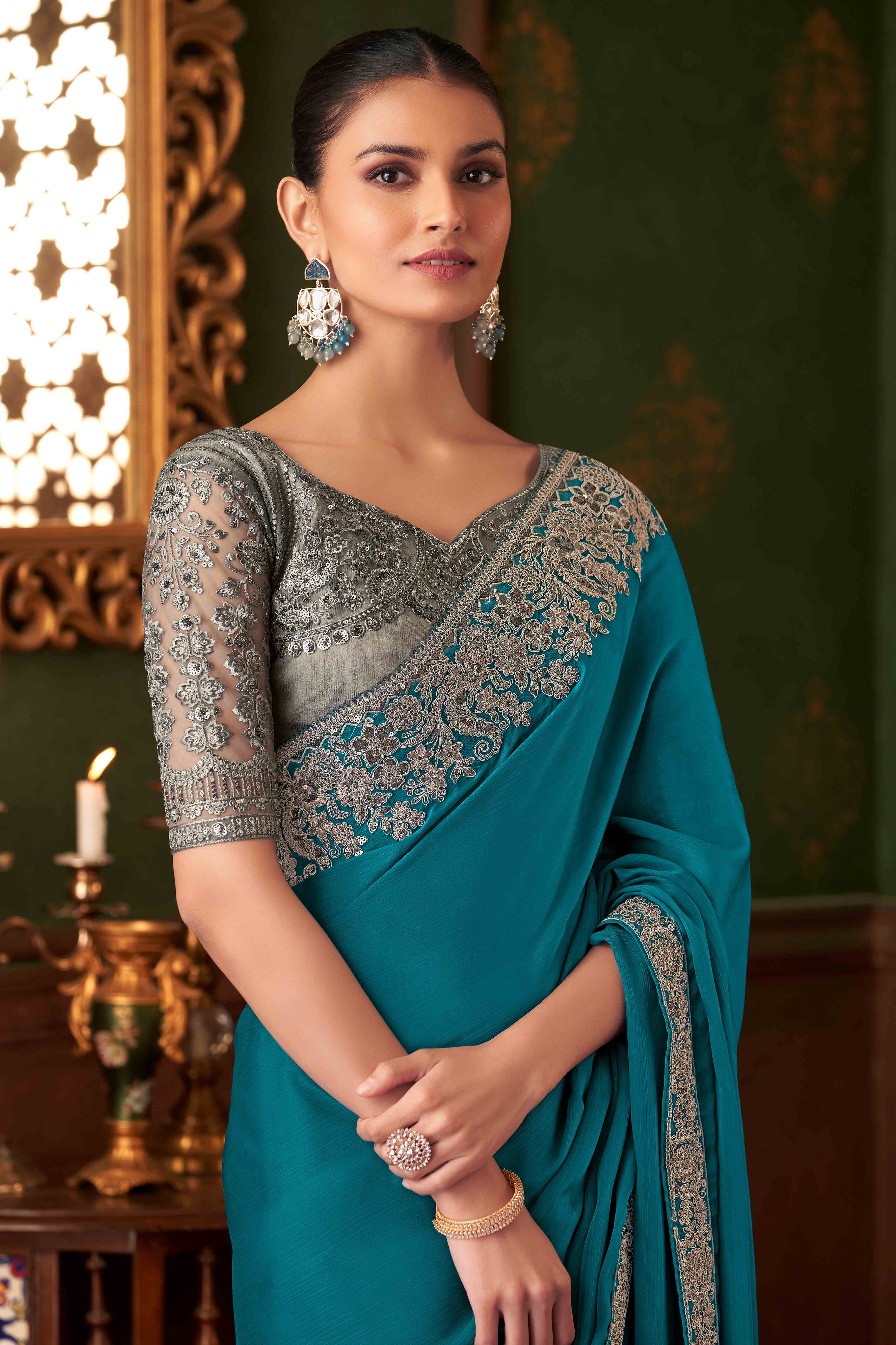 Teal Sequins Embroidered Chiffon Saree