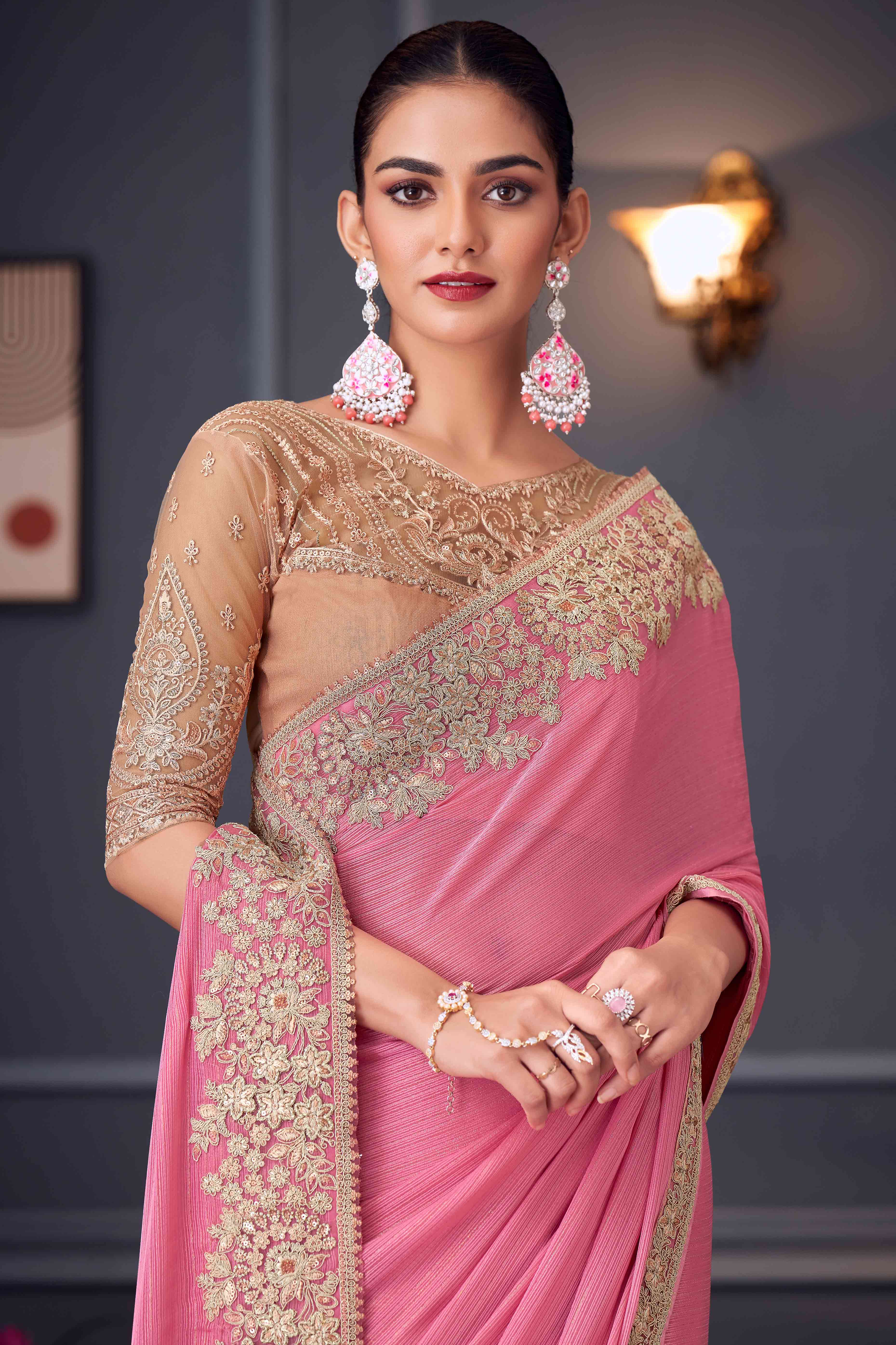Pink Sequins Embroidered Satin Saree