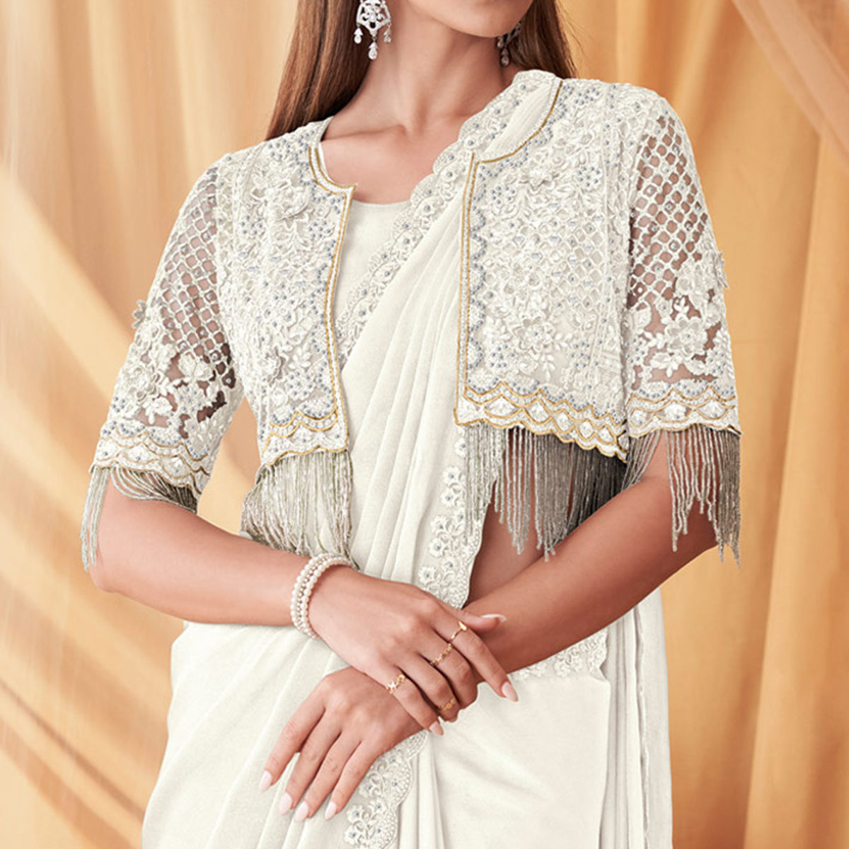 Off White Embroidered Satin Saree With Jacket
