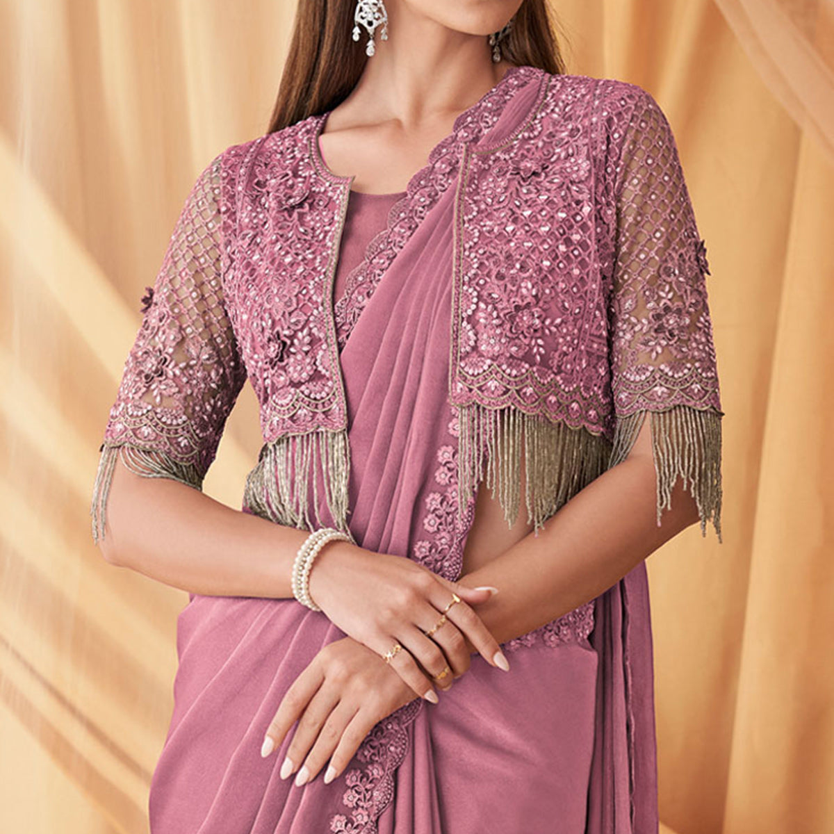 Pink Embroidered Satin Saree With Jacket