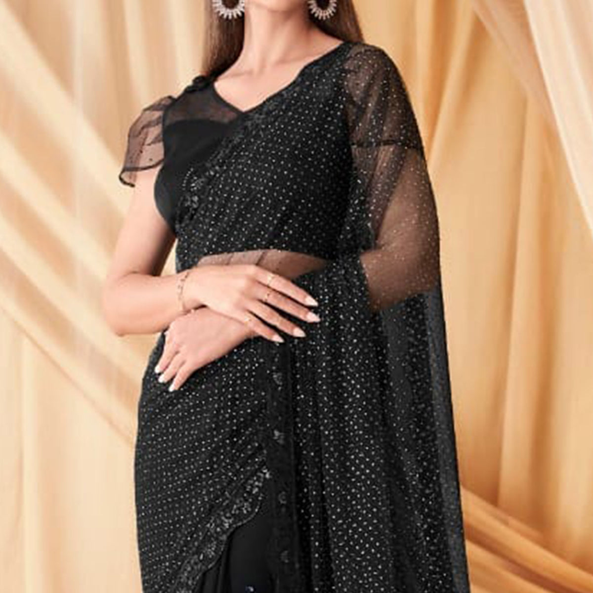 Black Sequins Embroidered Georgette Saree With Tassels