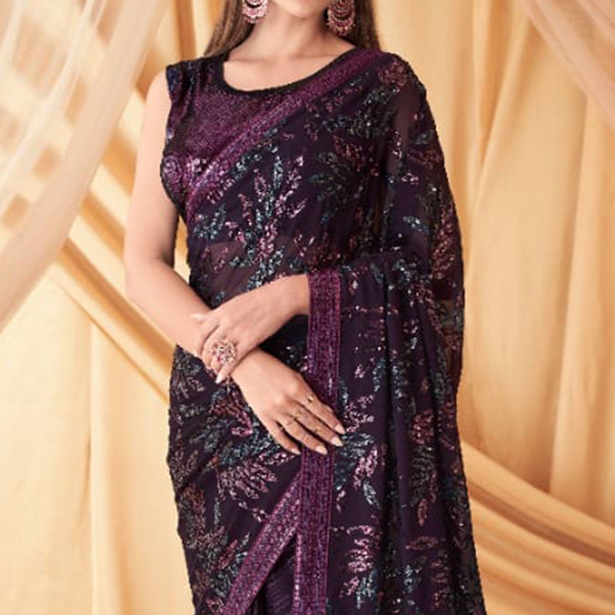 Wine Sequins Embroidered Georgette Saree With Tassels