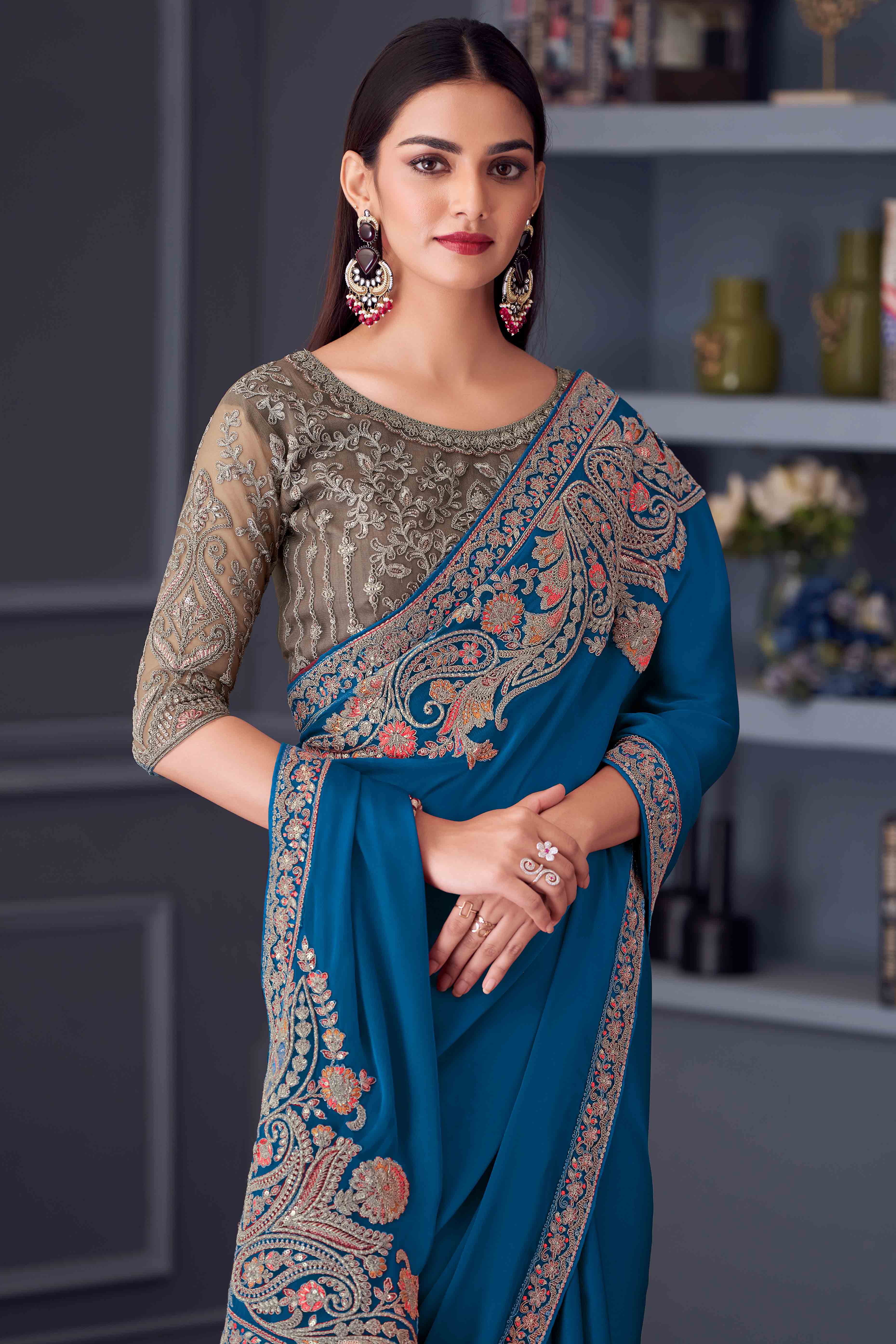 Blue Satin Saree Embellished with Sequin Work