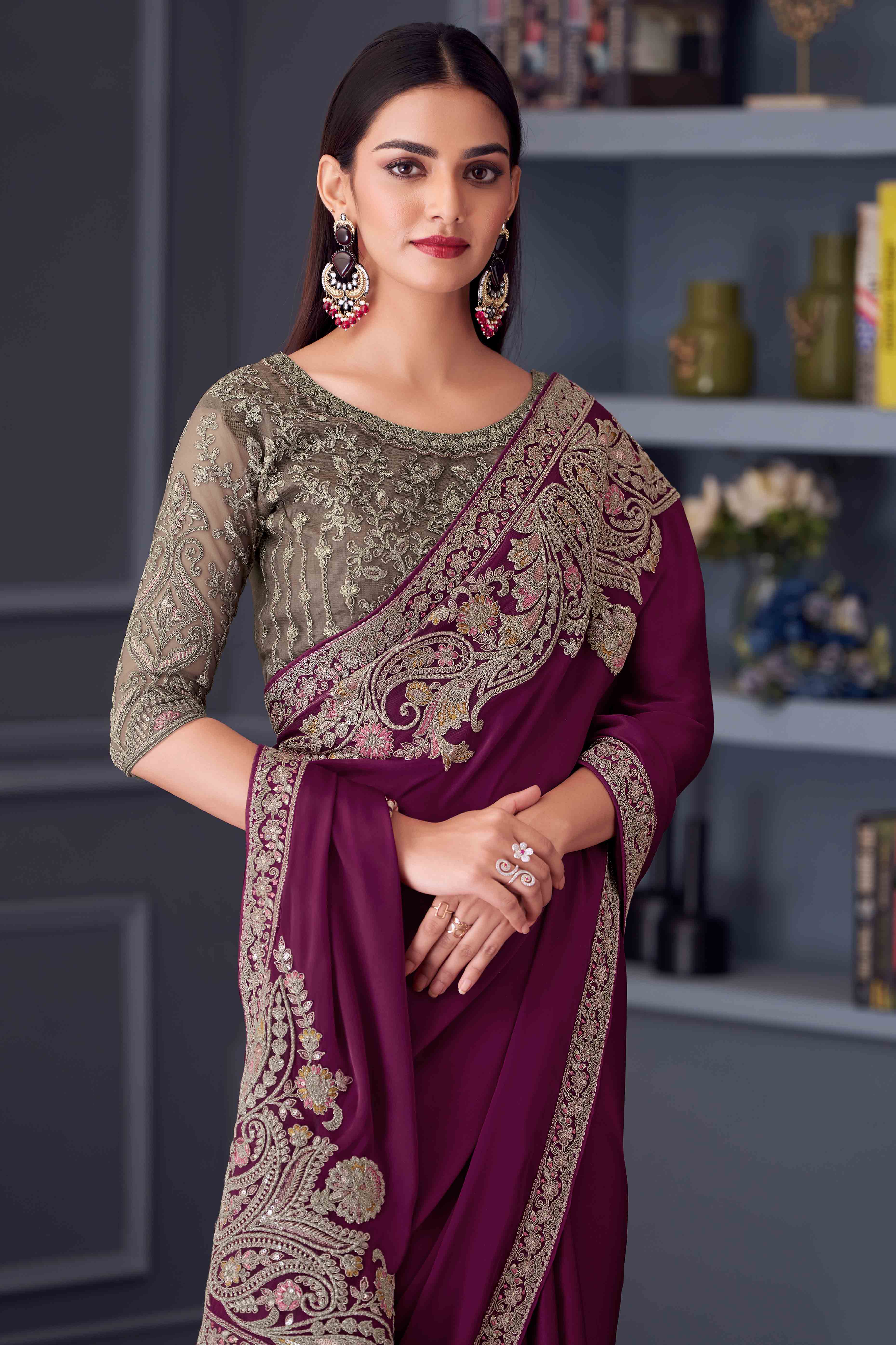 Purple Satin Saree Embellished with Sequin Work