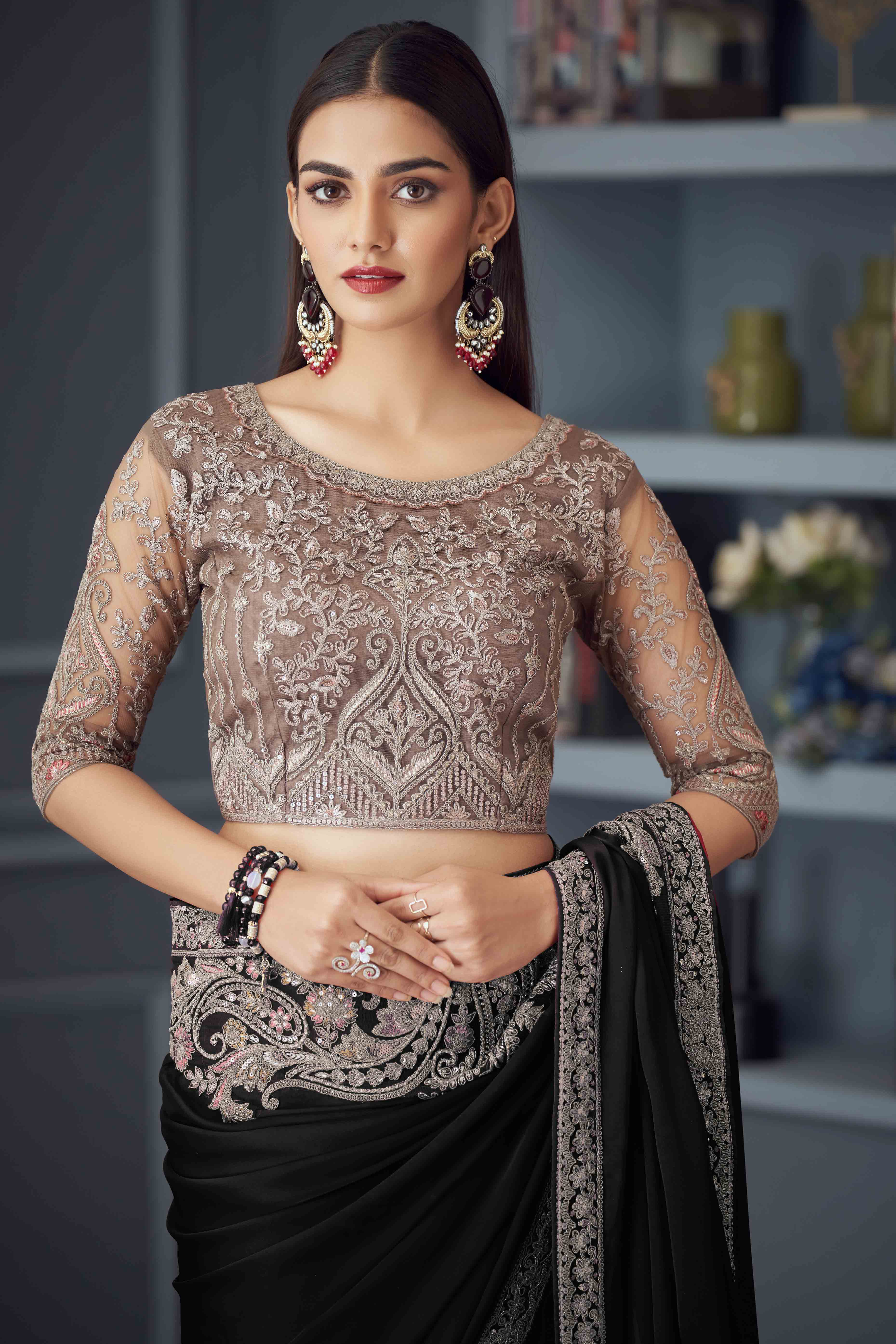 Black Satin Saree Embellished with Sequin Work