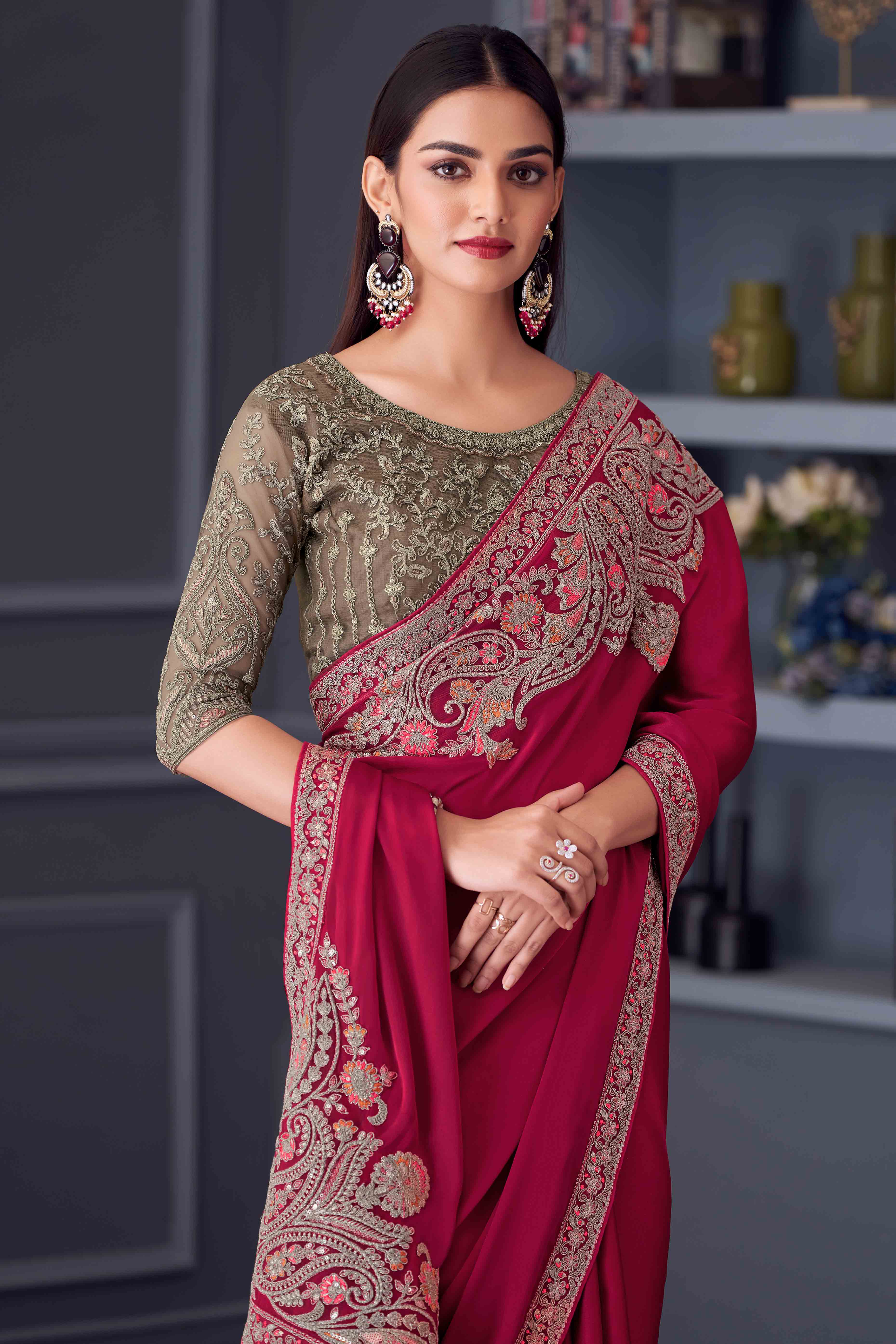 Pink Satin Saree Embellished with Sequin Work