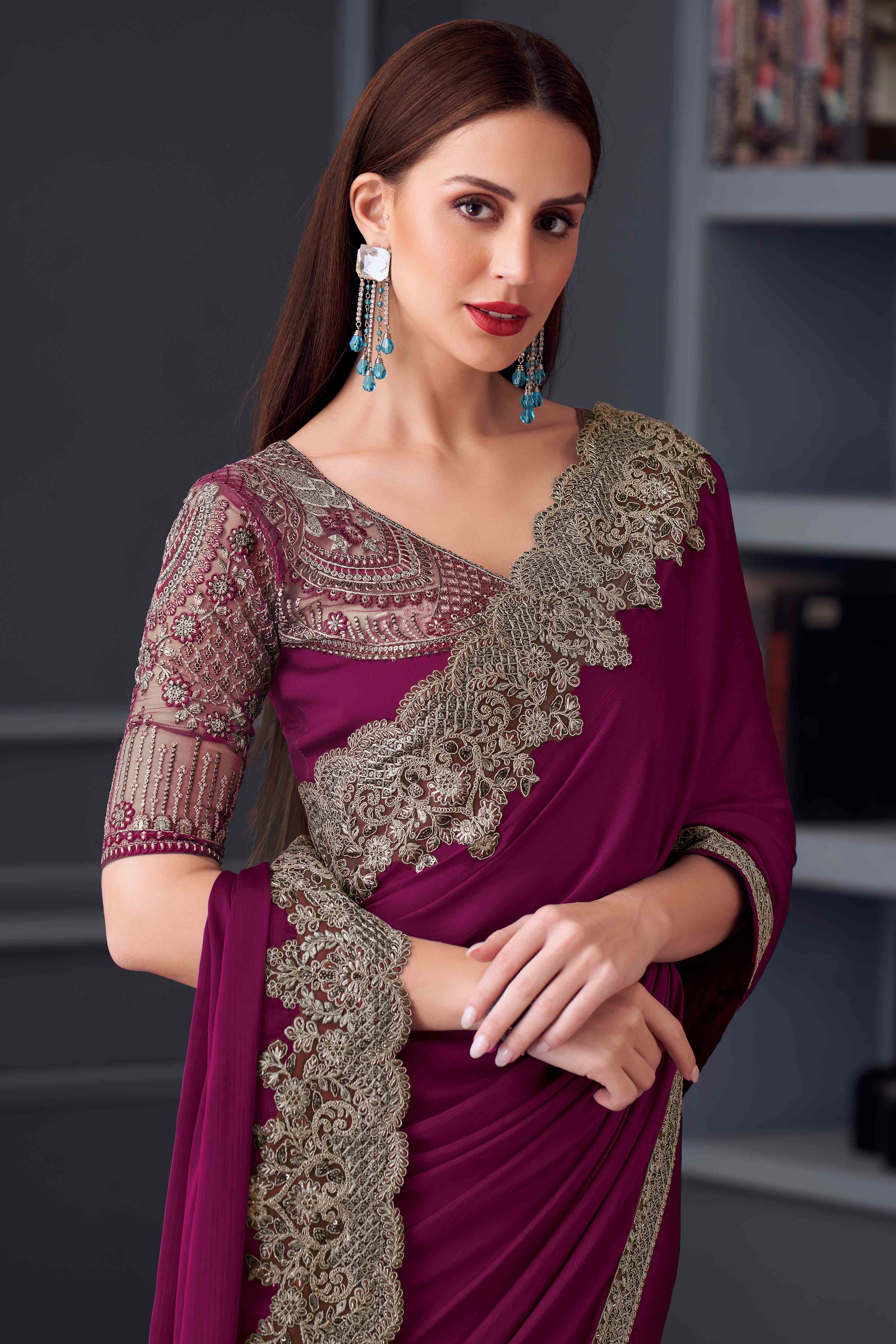 Purple Chiffon Saree with Embellished Border