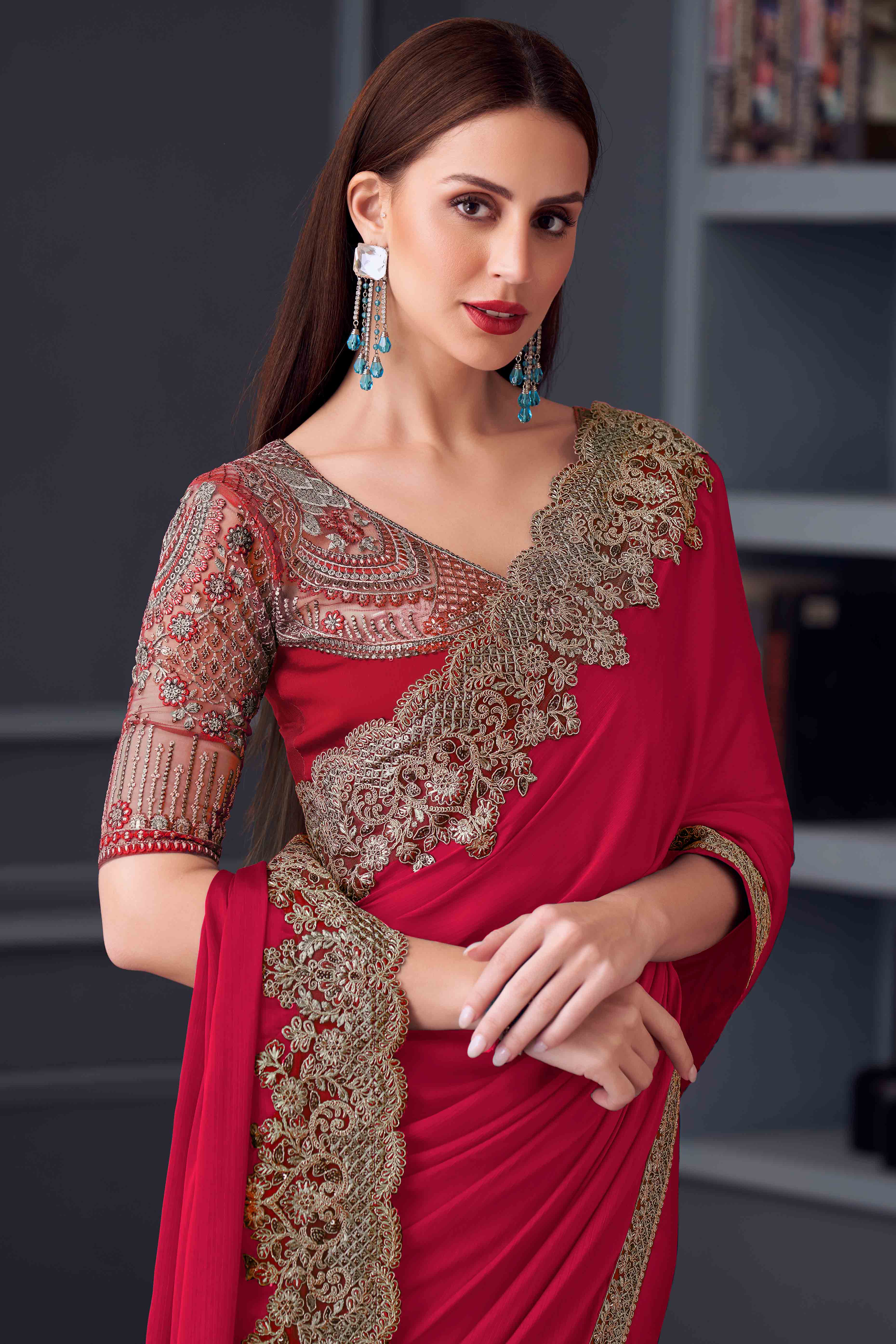 Red Chiffon Saree with Embellished Border