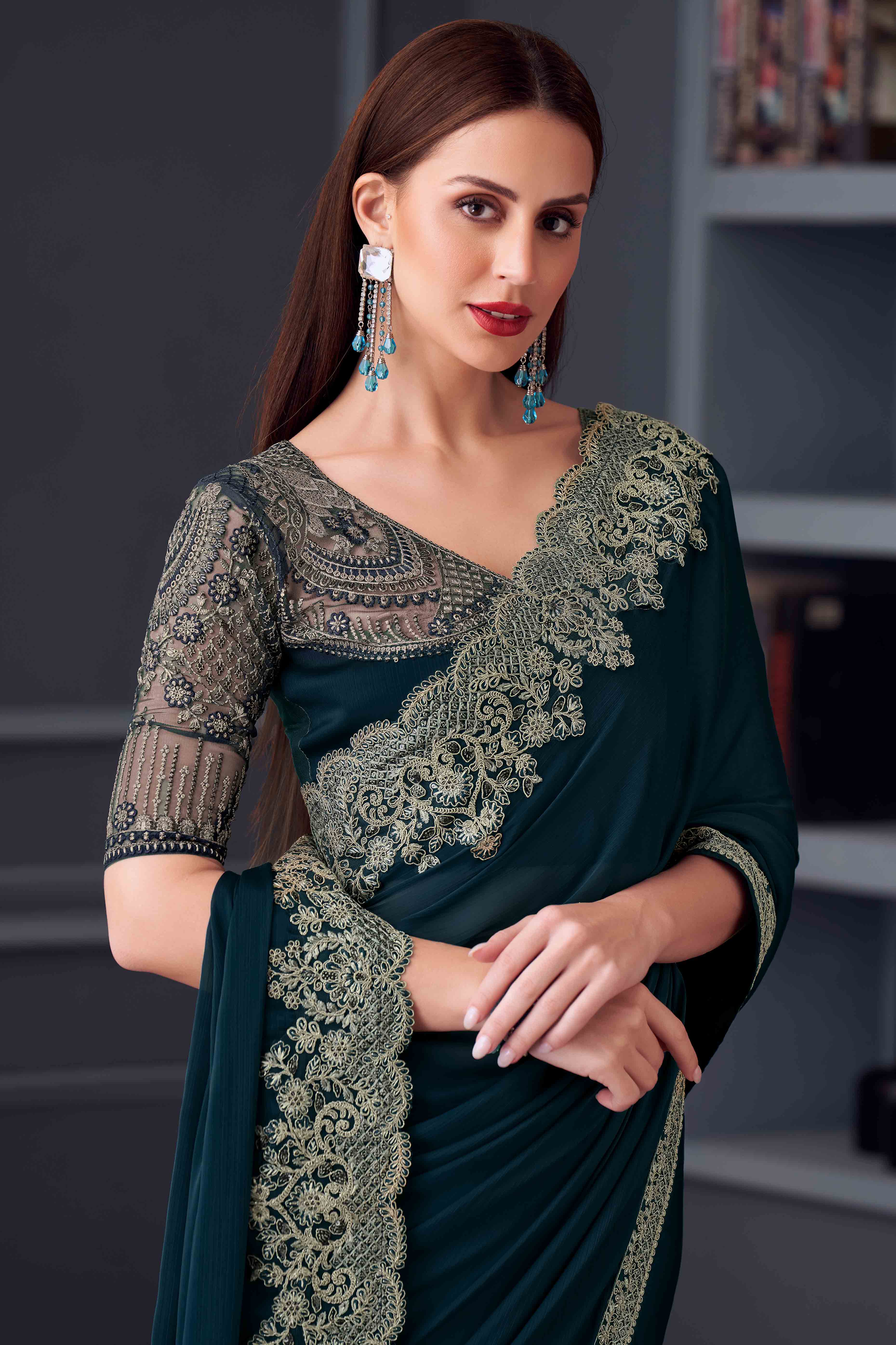 Morpich Green Chiffon Saree with Embellished Border