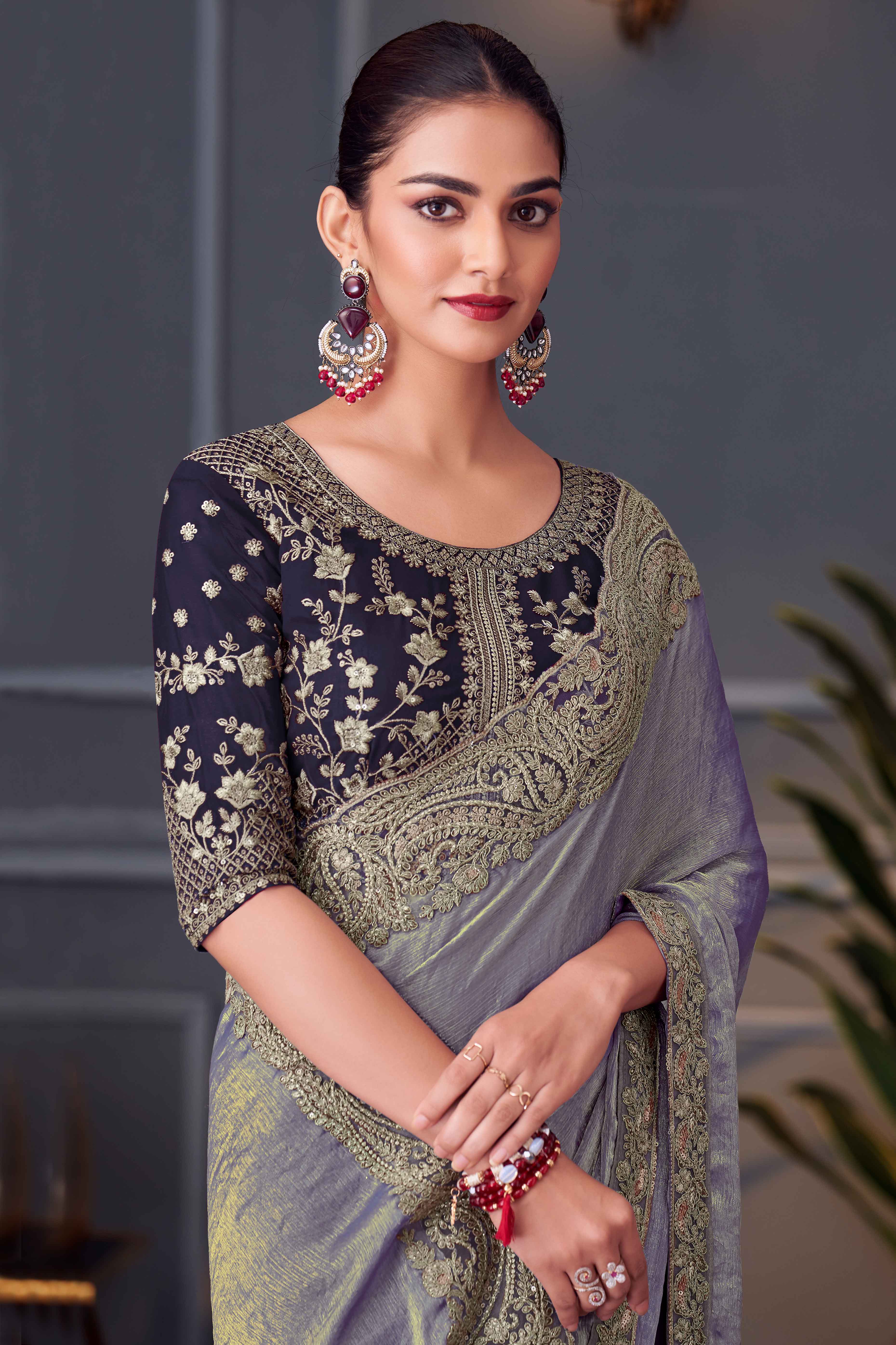Bluish Grey Partywear Chiffon Saree with Ornate Border Detailing