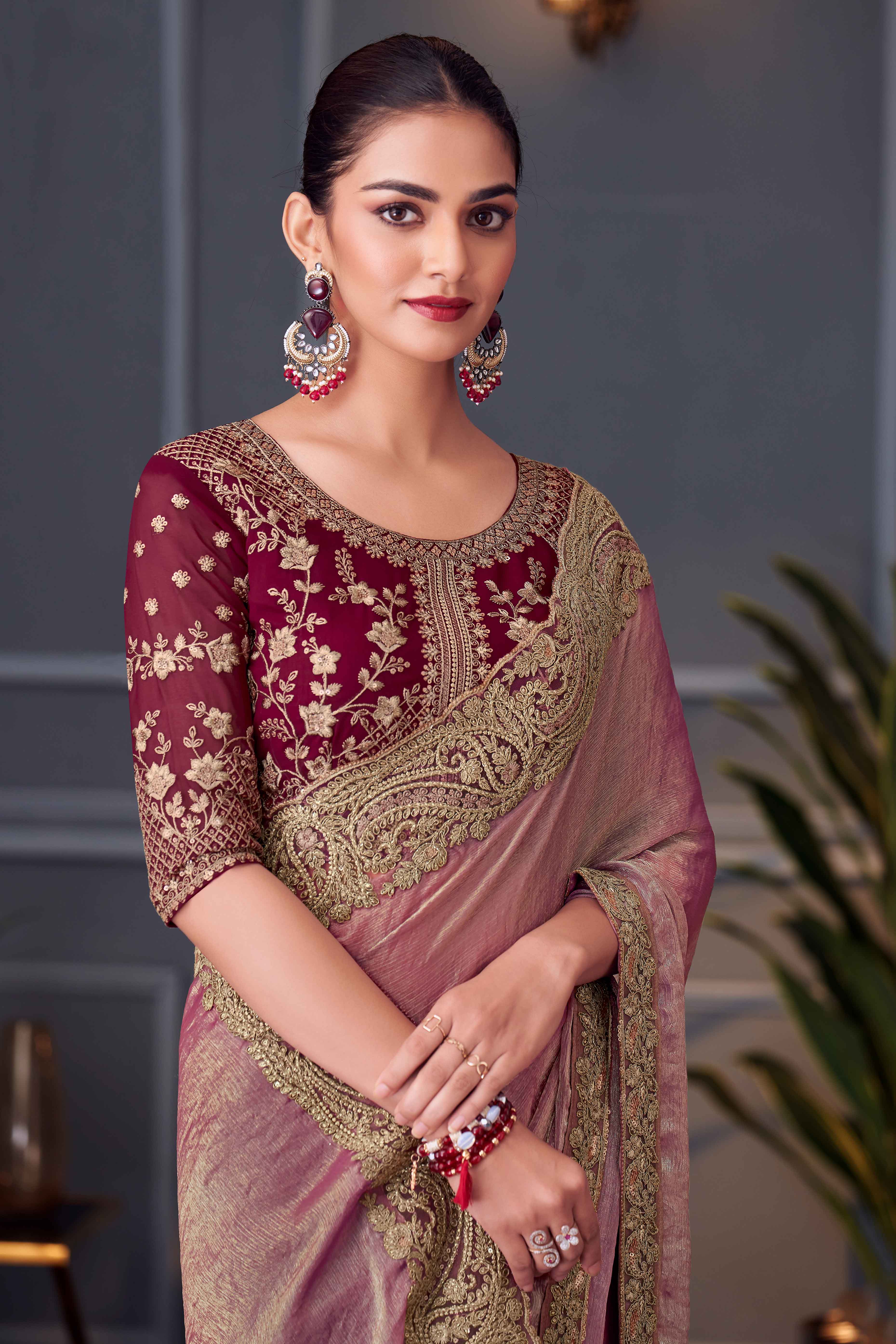Mauve Partywear Chiffon Saree with Ornate Border Detailing