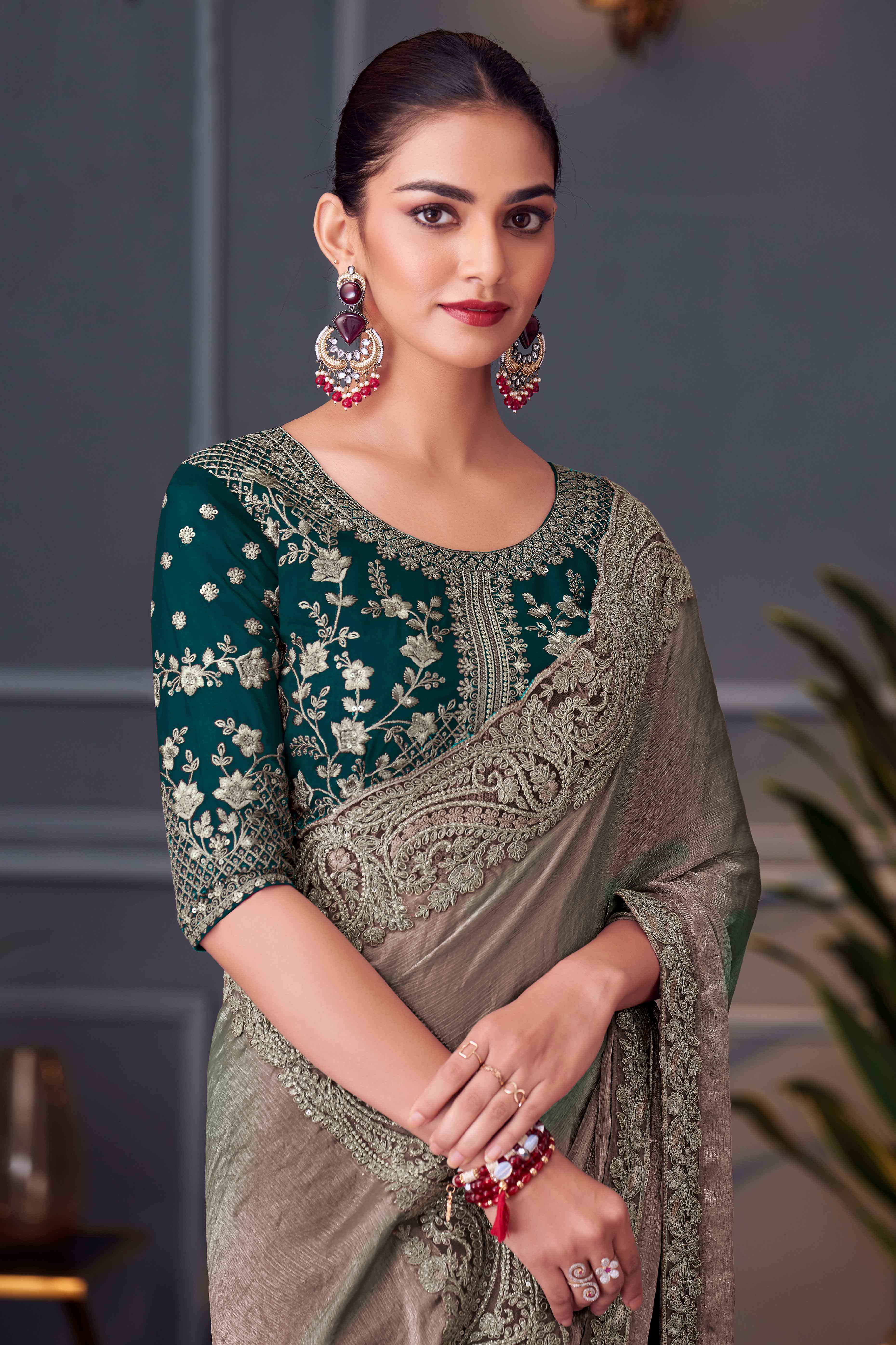 Grey Partywear Chiffon Saree with Ornate Border Detailing