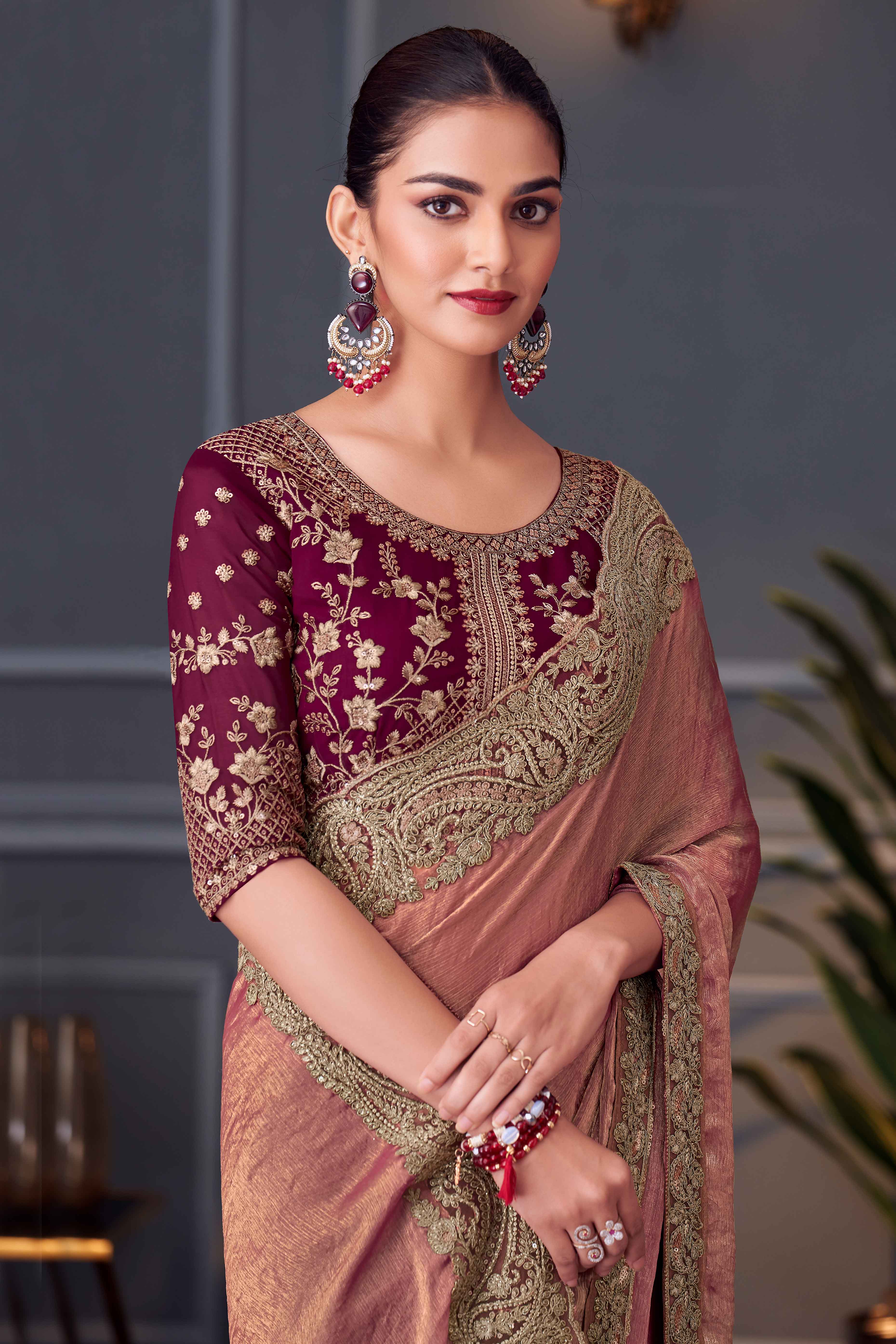 Rust Partywear Chiffon Saree with Ornate Border Detailing