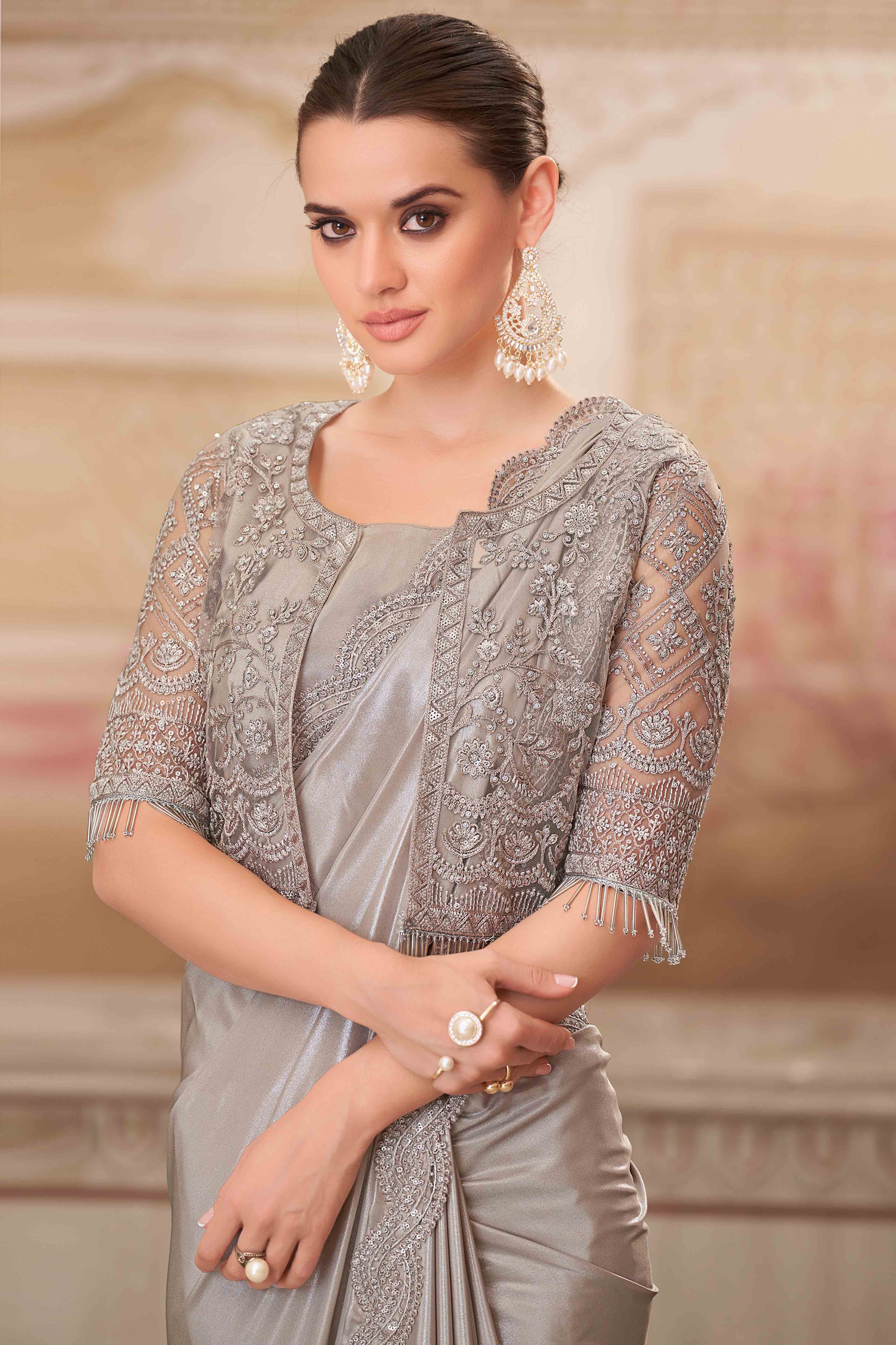 Glamorous Grey Satin Saree with Intricate Sequin & Floral Work