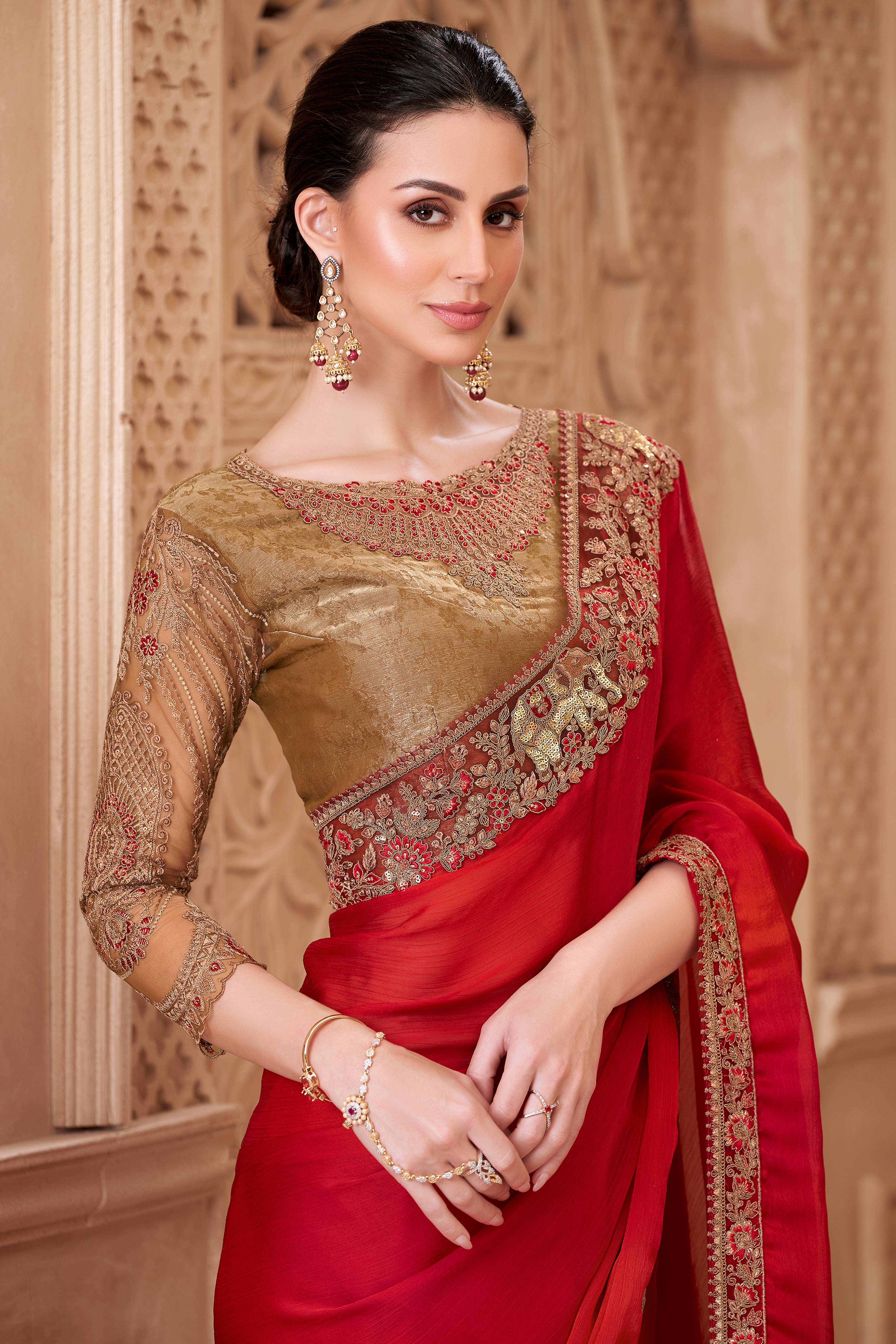 Designer Red Thread Embroidered Satin Saree with Sequin Highlights