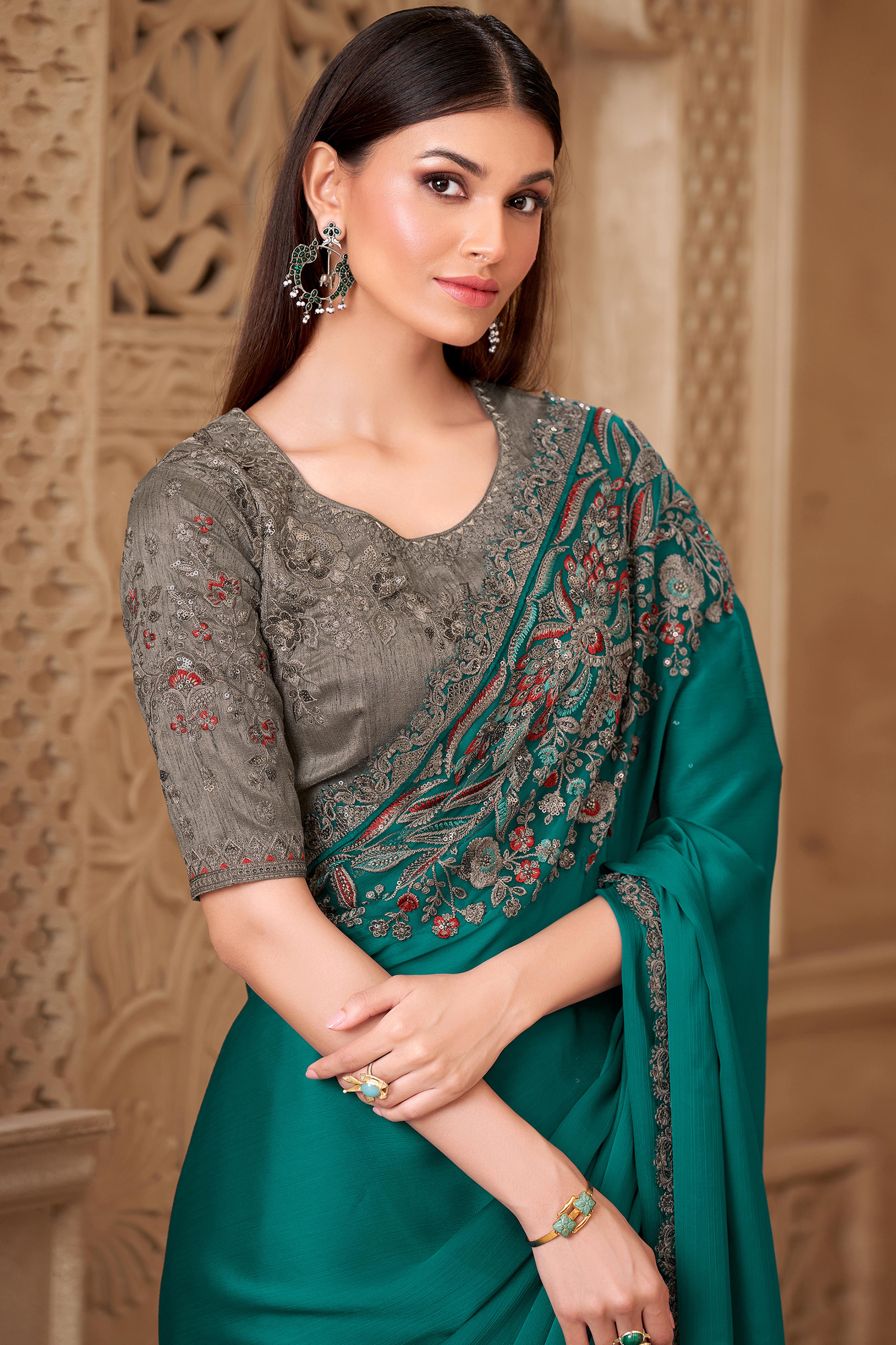 Designer Rama Green Thread Embroidered Satin Saree with Sequin Highlights