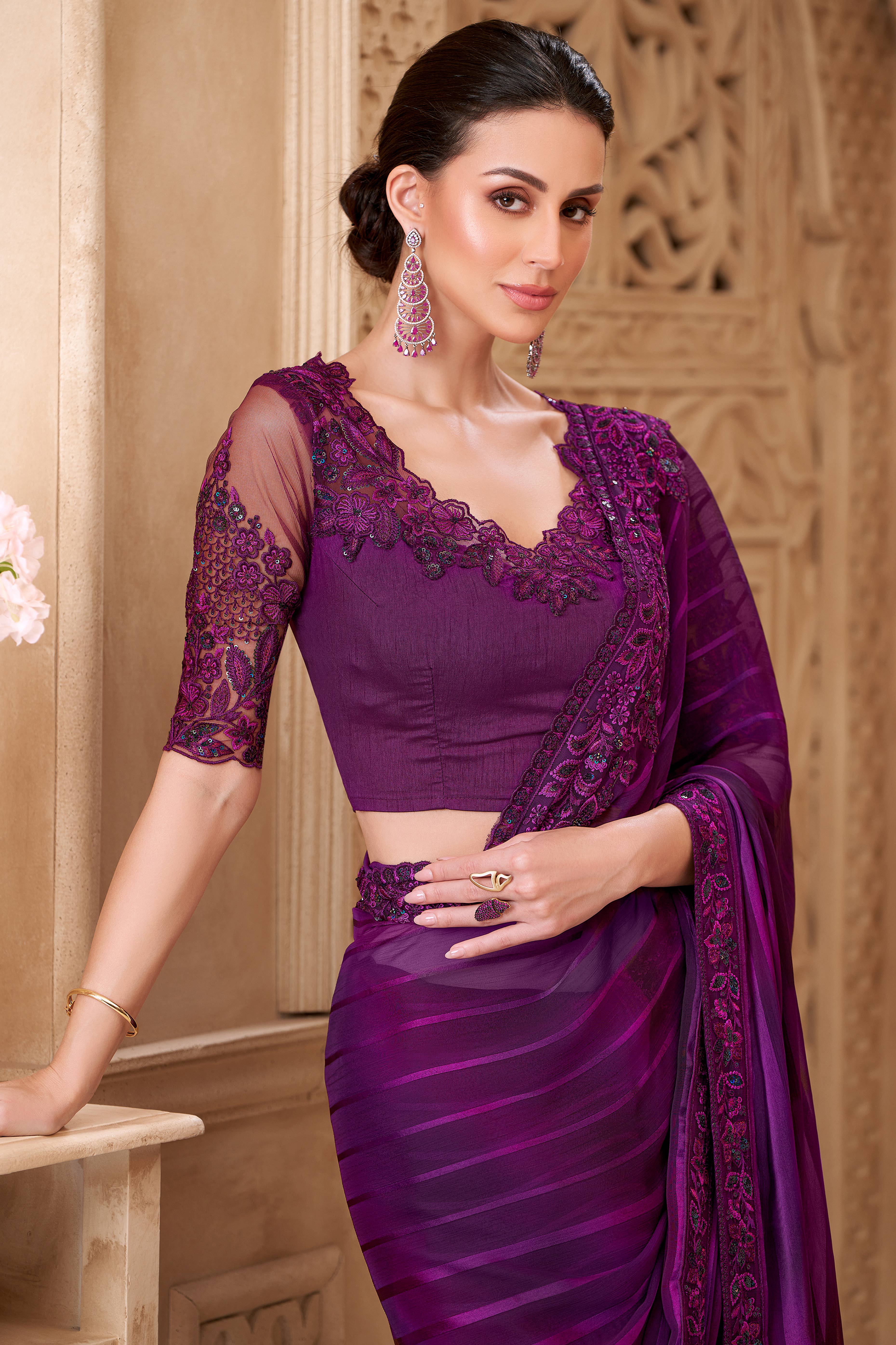 Shimmering Purple Georgette Saree with Graceful Thread Embellishment and Sequins
