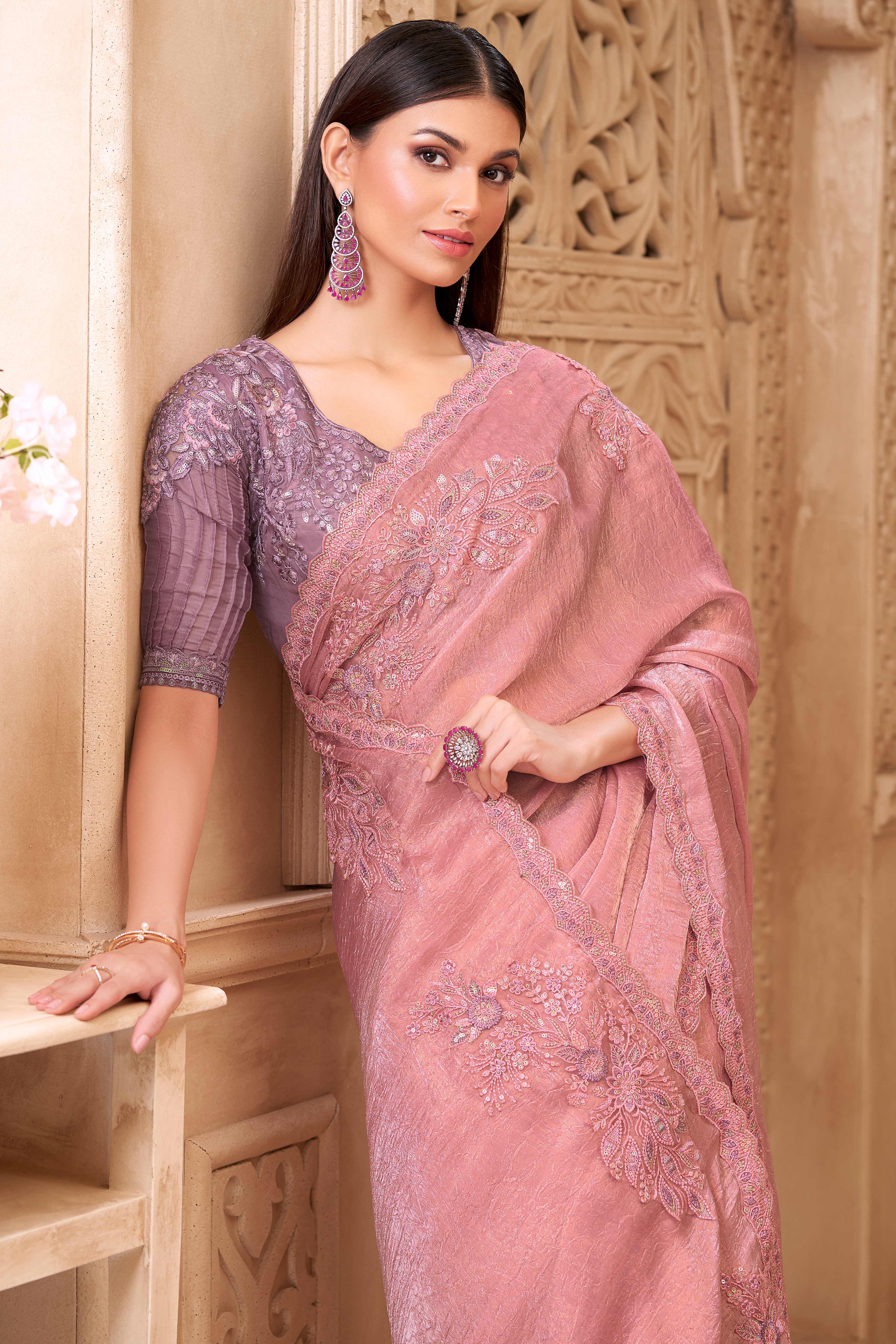 Shimmering Salmon Pink Georgette Saree with Graceful Thread Embellishment and Sequins