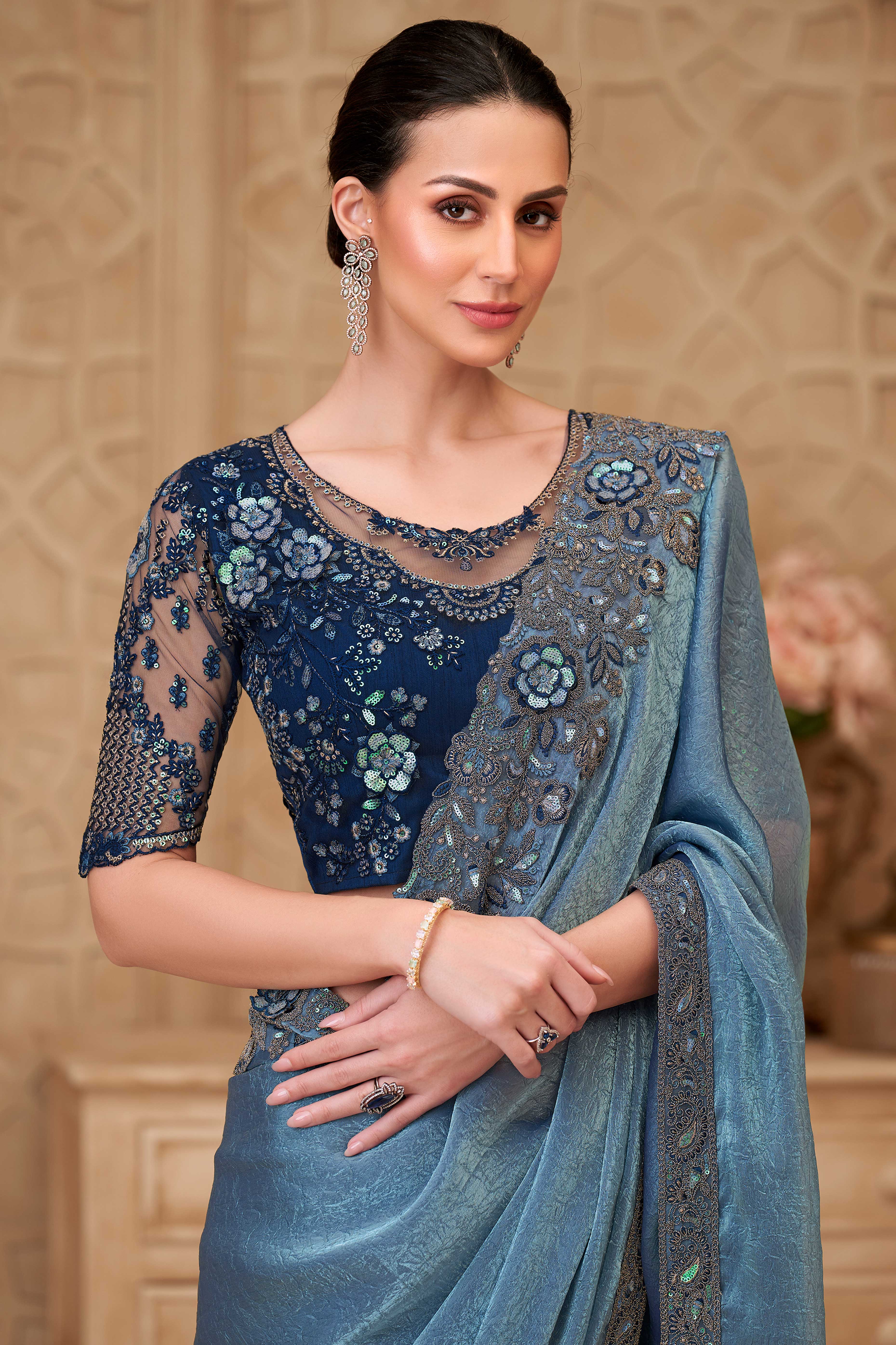Shimmering Bluish Grey Georgette Saree with Graceful Thread Embellishment and Sequins