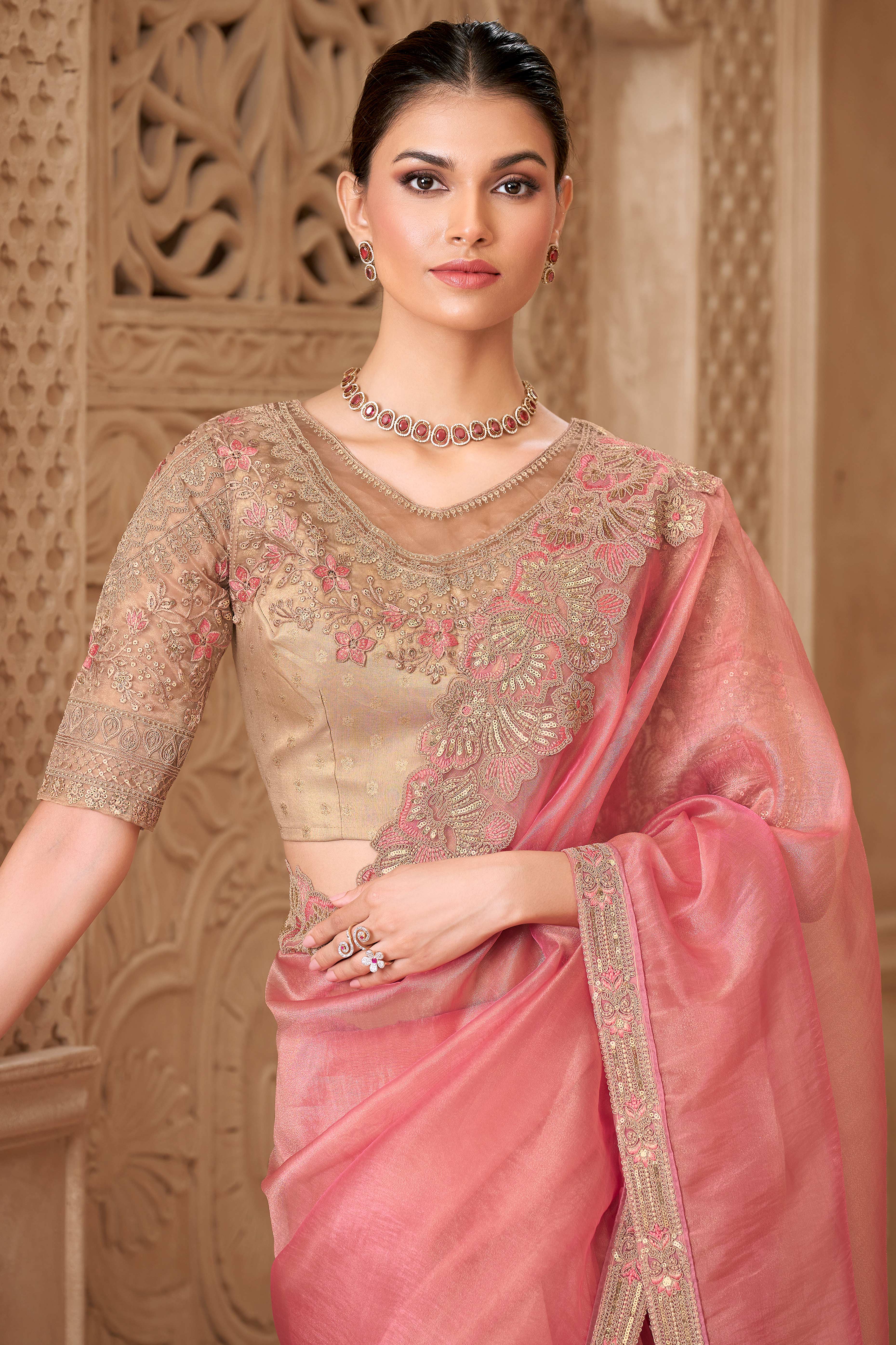 Stylish Pink Chiffon Saree Crafted with Sequin Detailing and Thread Embroidery