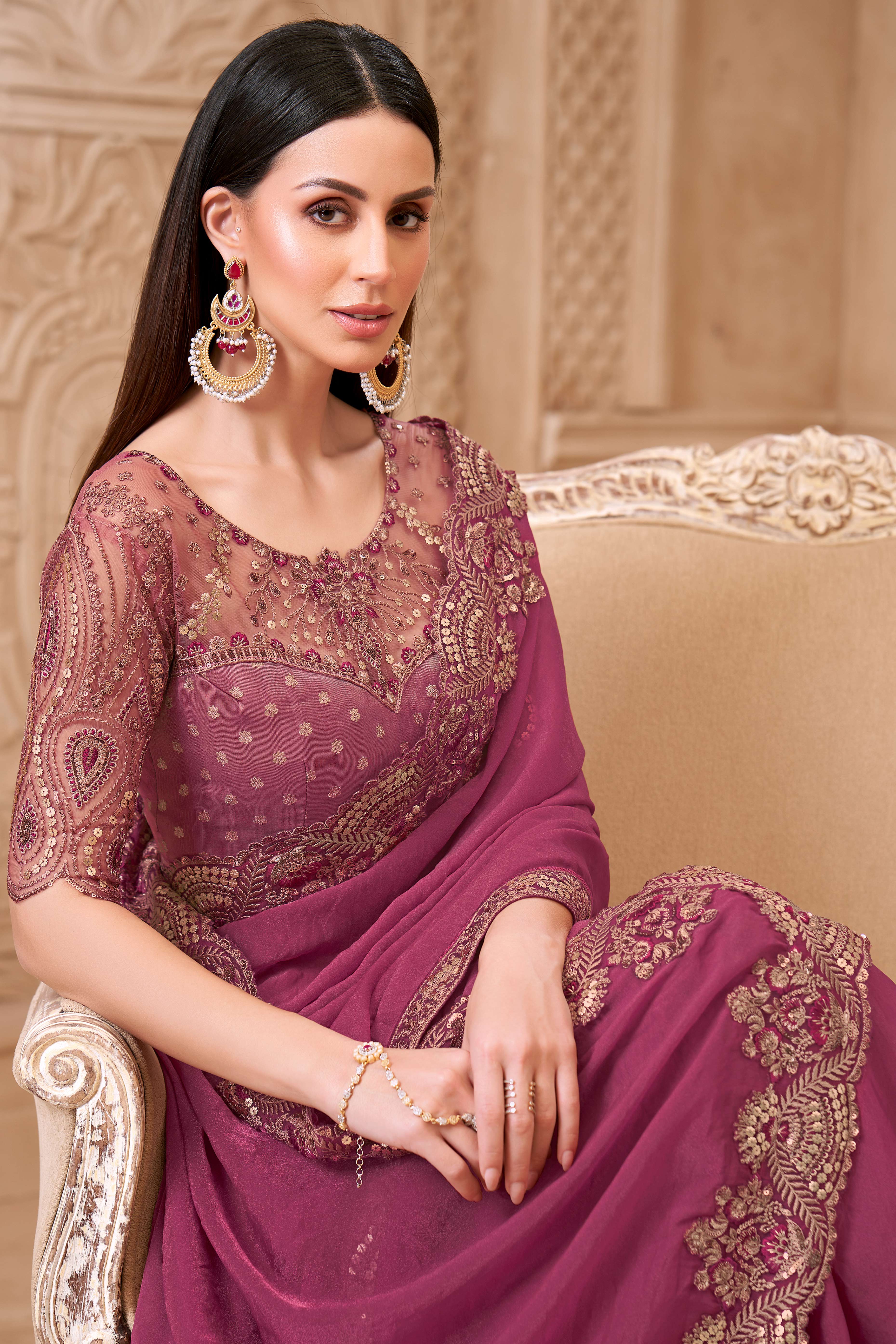 Shimmering Rouge Pink Georgette Saree with Graceful Thread Embellishment and Sequins