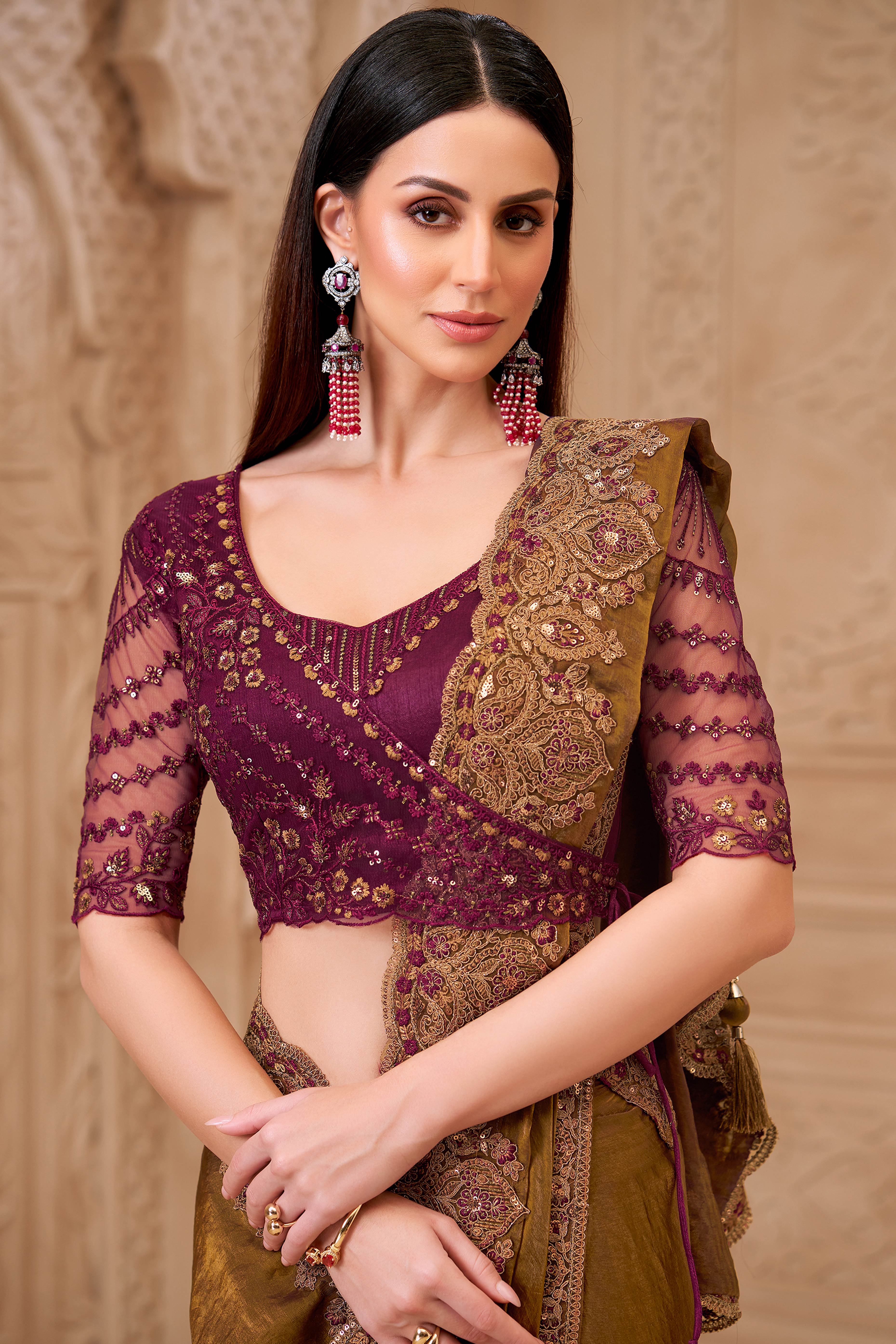 Shimmering Mehendi Green Georgette Saree with Graceful Thread Embellishment and Sequins