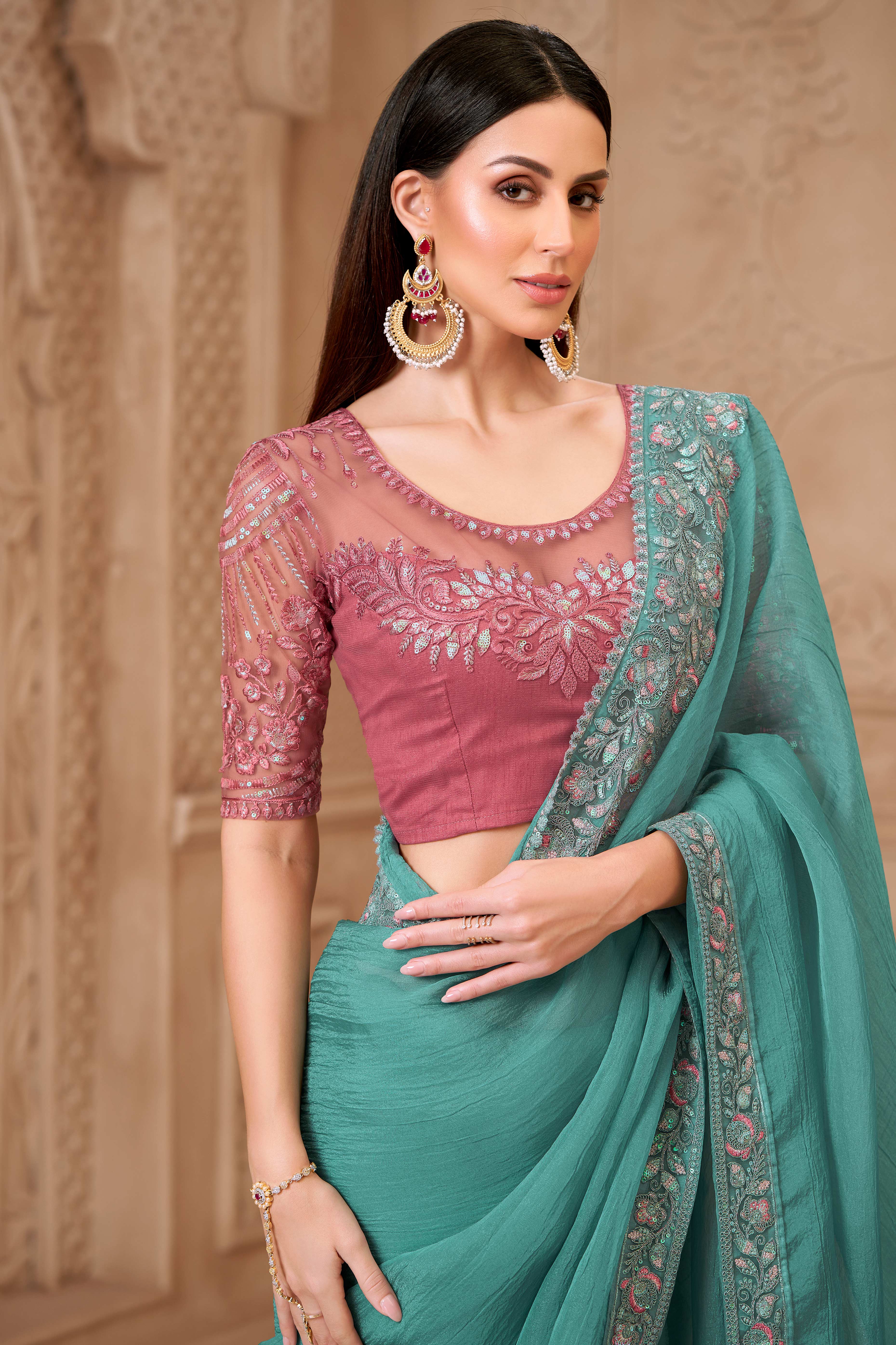 Stylish Sea Green Chiffon Saree Crafted with Sequin Detailing and Thread Embroidery
