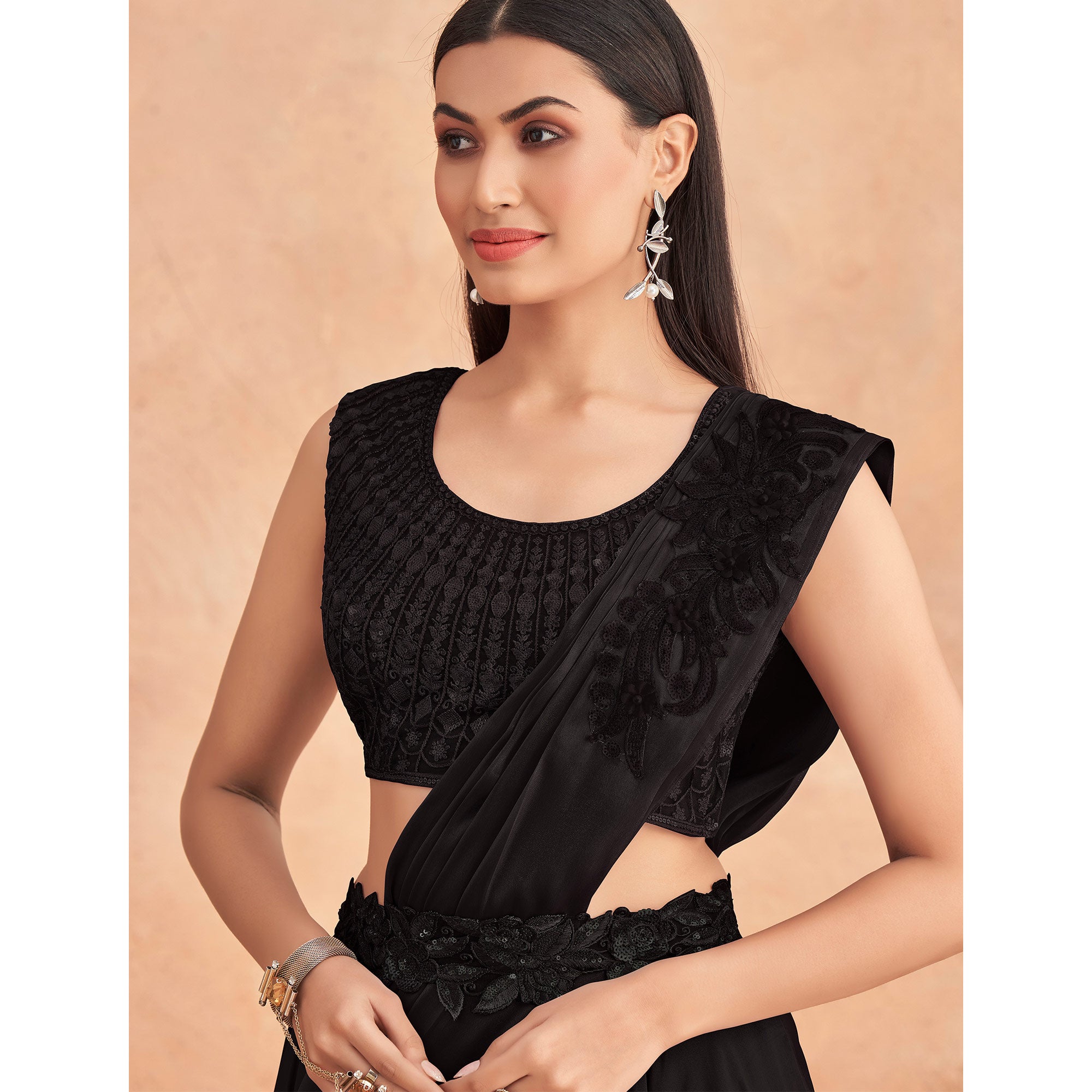 Black Sequins Embroidered Ready To Wear Satin Silk Saree