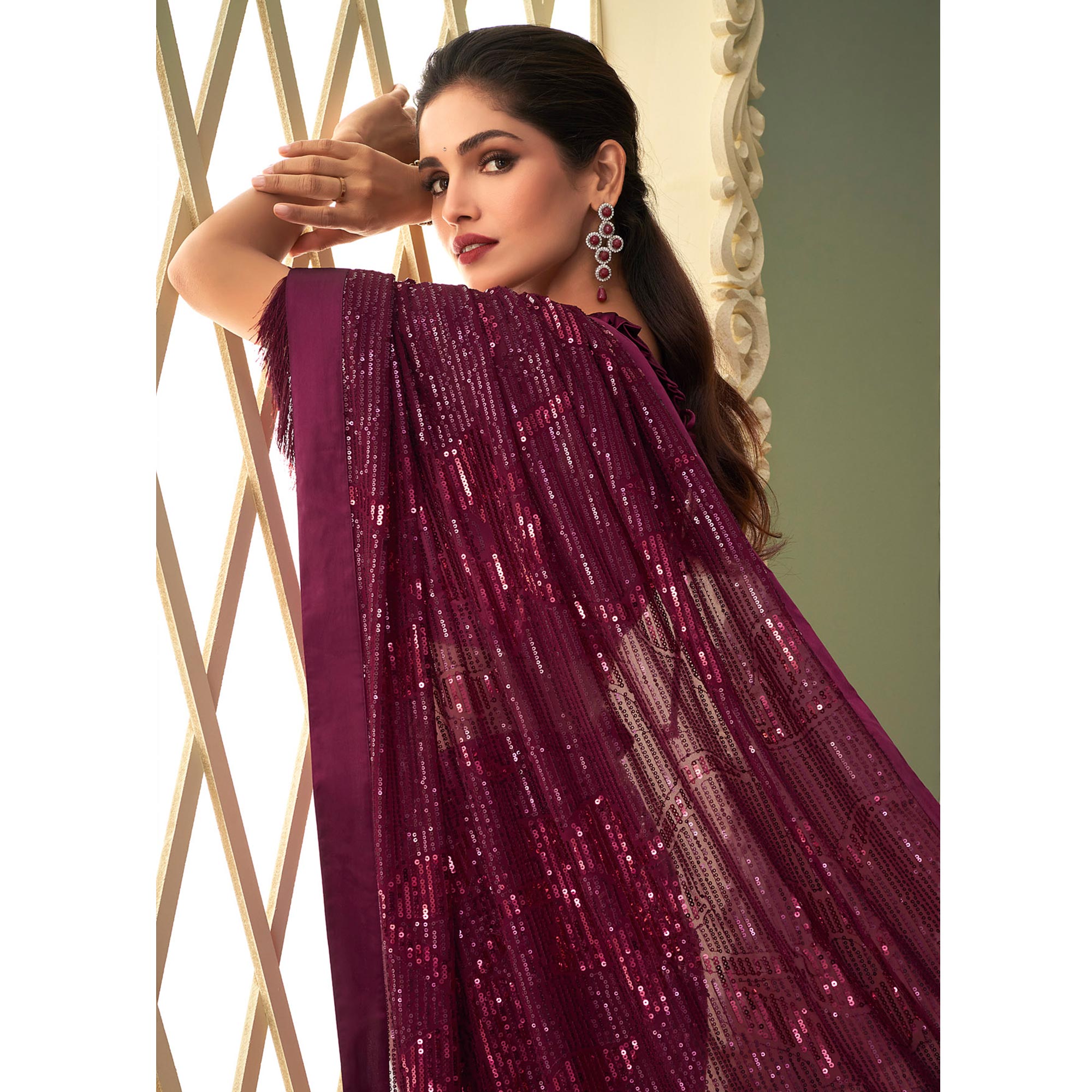 Wine Sequins Embroidered Georgette Saree