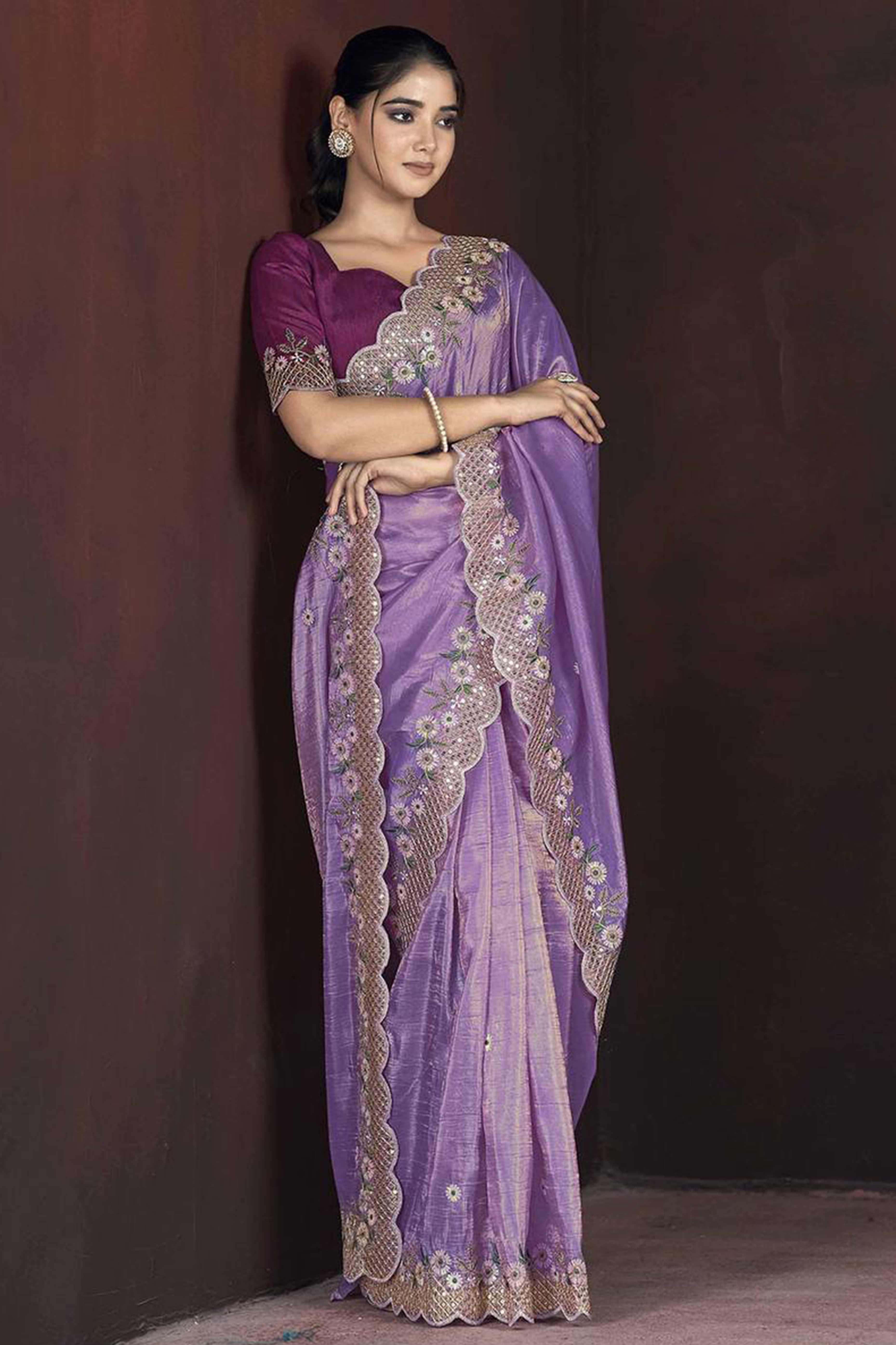 Lavender Organza Saree with Embroidery on the Edges for a Graceful Contemporary Look