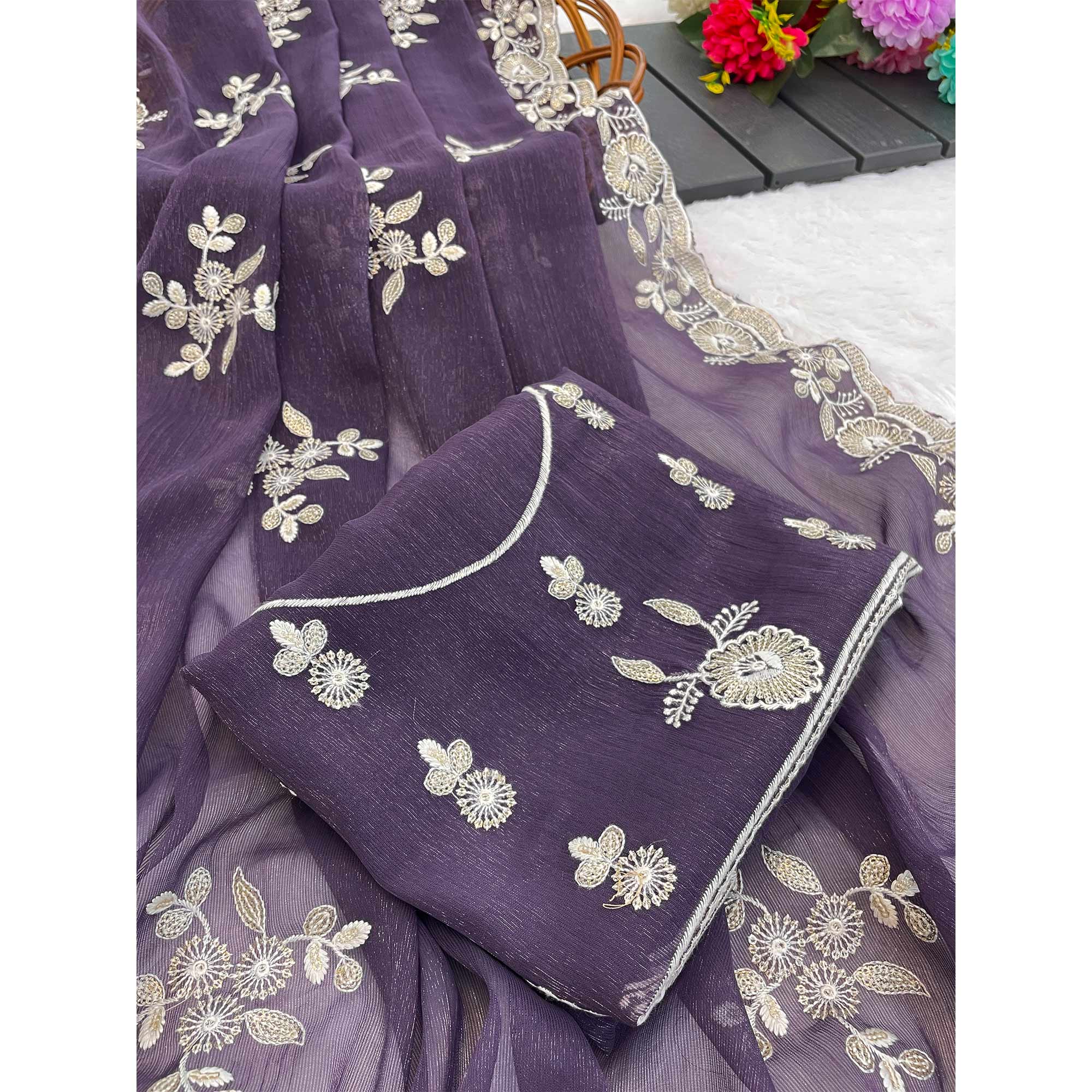 Violet Shimmer Silk Saree with Graceful Floral Embroidery