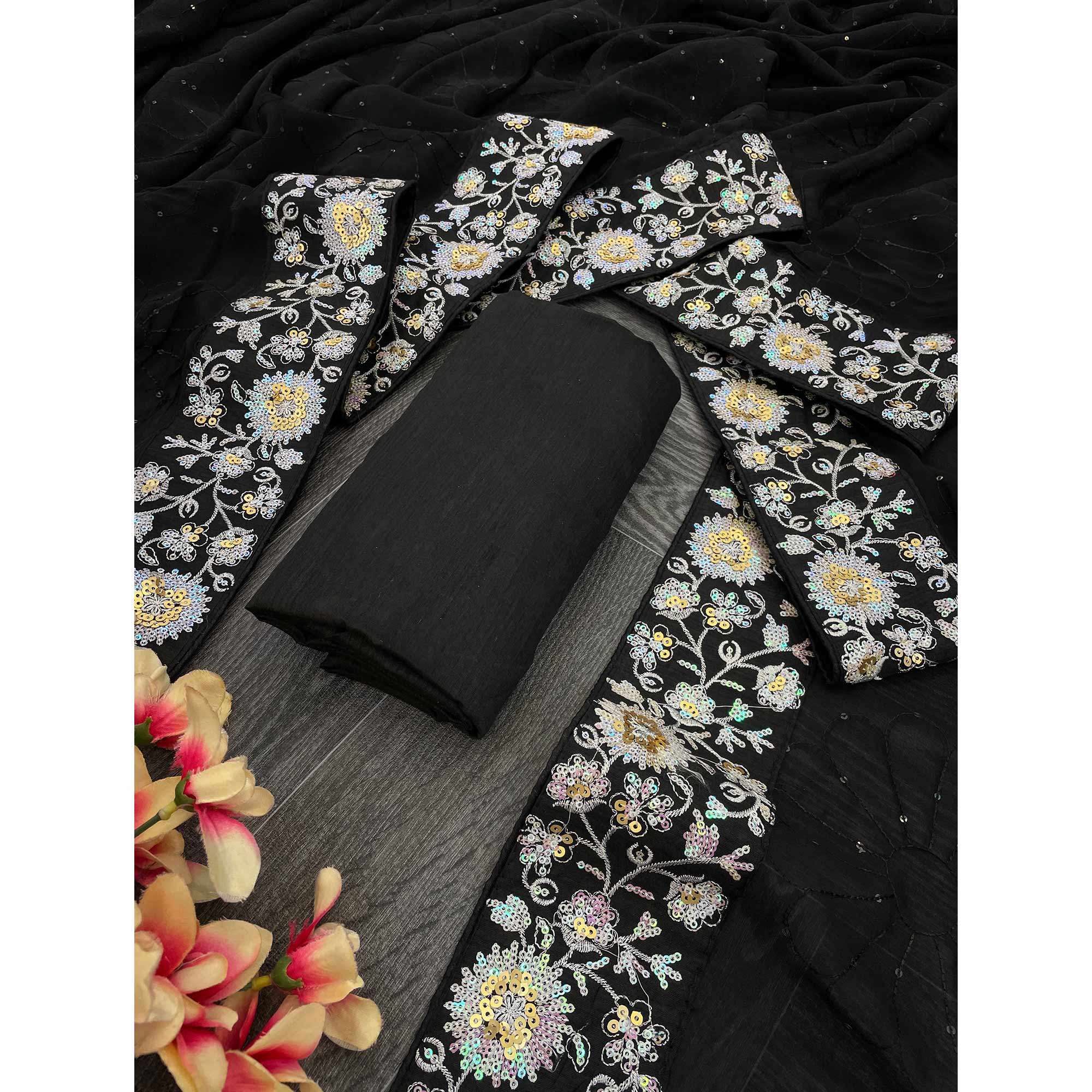 Black Georgette Saree Featuring Fine Sequin Embroidery for a Glam Look