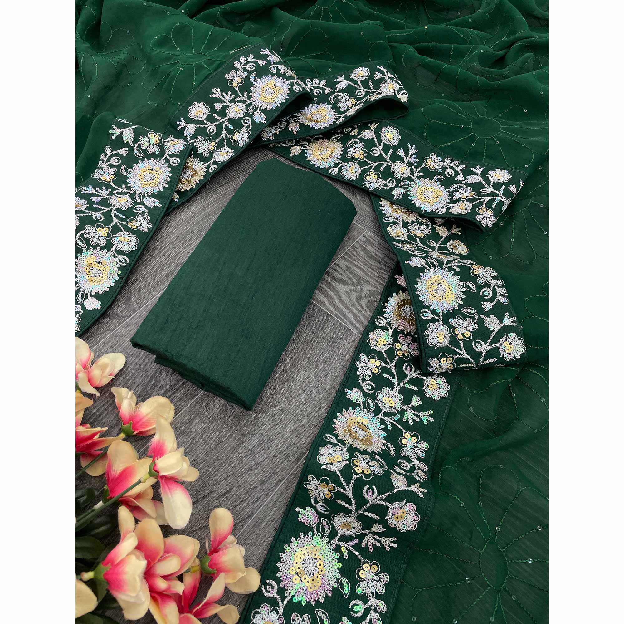 Green Georgette Saree Featuring Fine Sequin Embroidery for a Glam Look