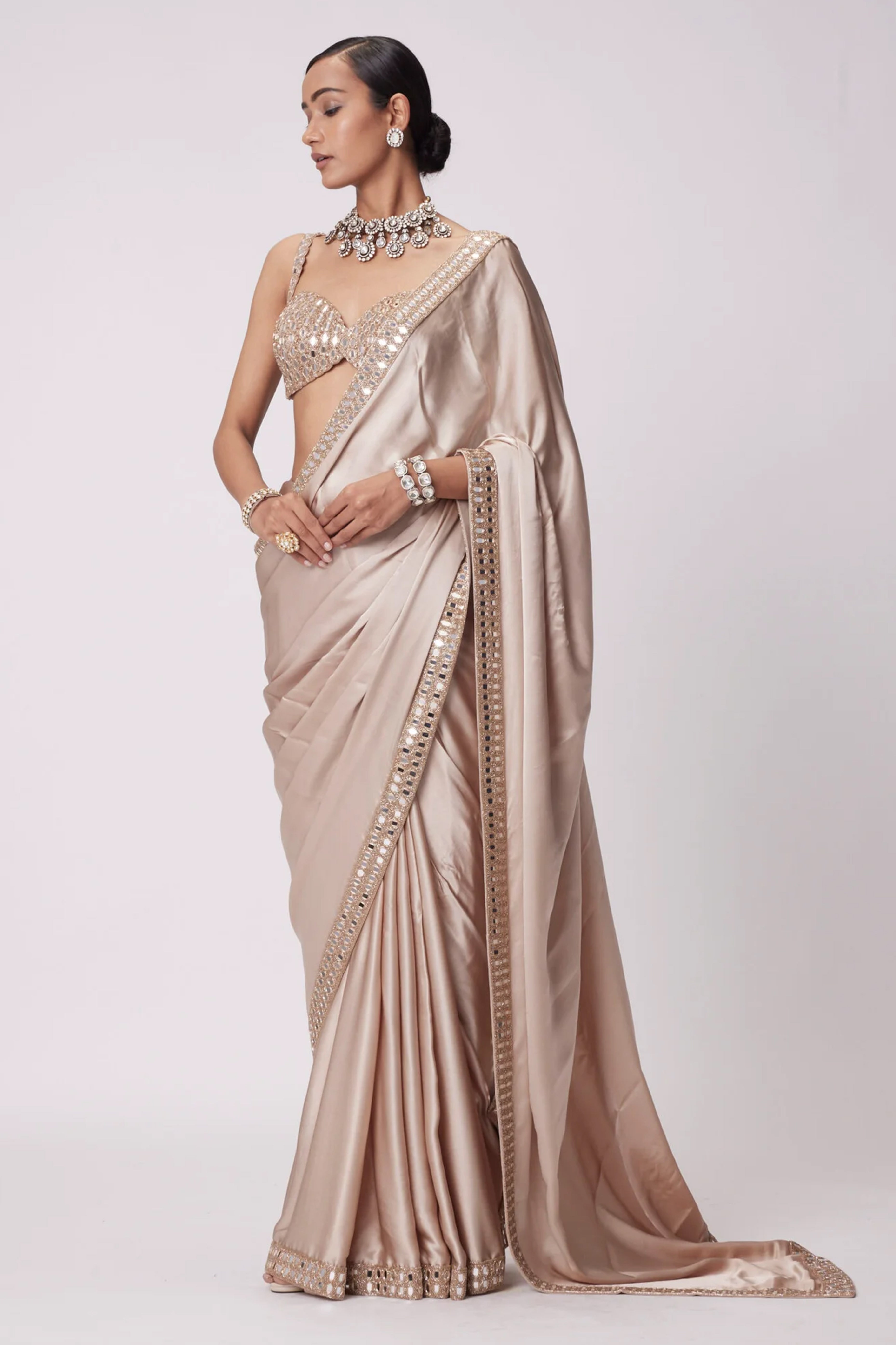 Beige Japan Satin Saree with Sparkling Mirror Embellishments