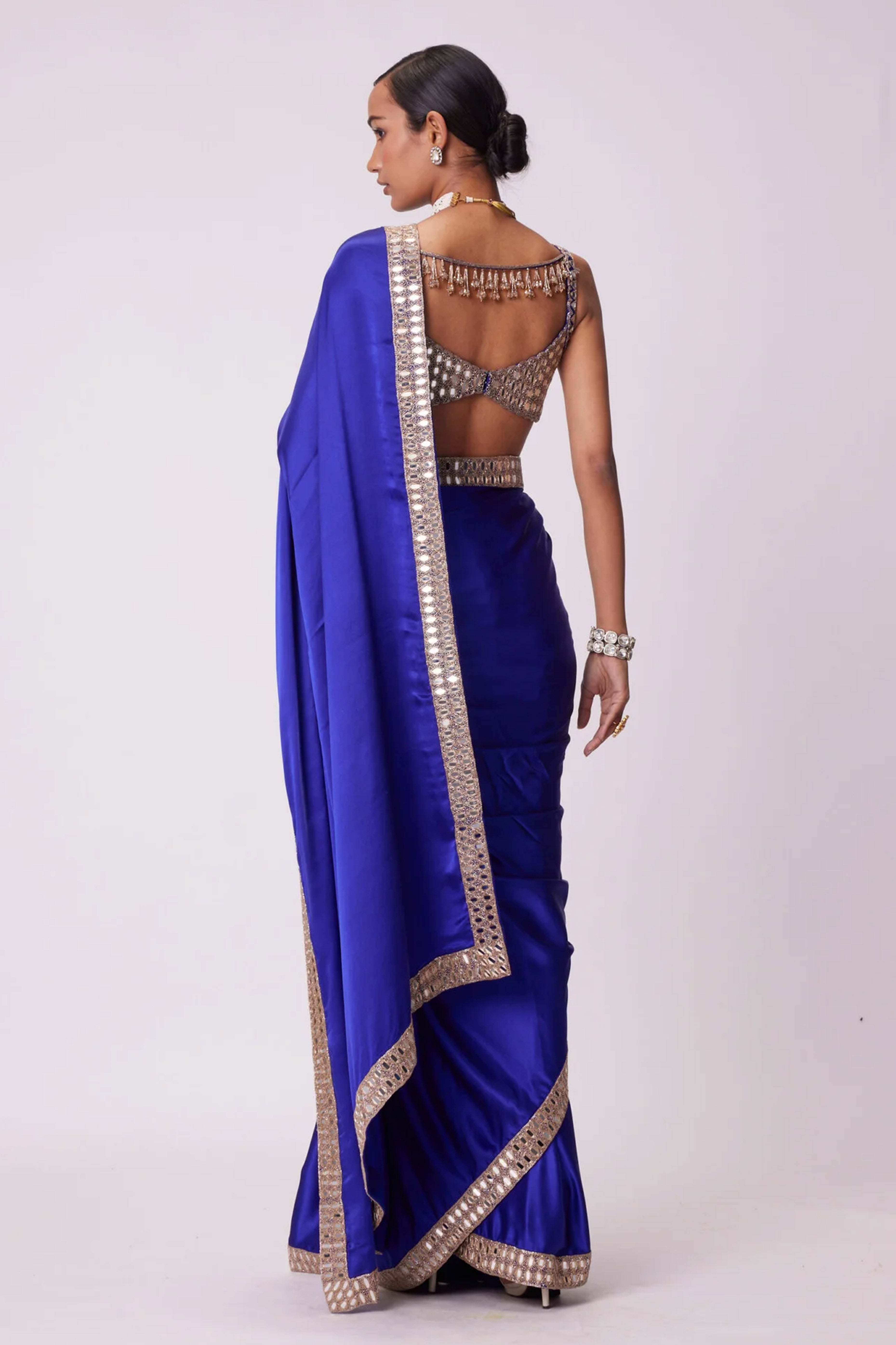 Royal Blue Japan Satin Saree with Sparkling Mirror Embellishments