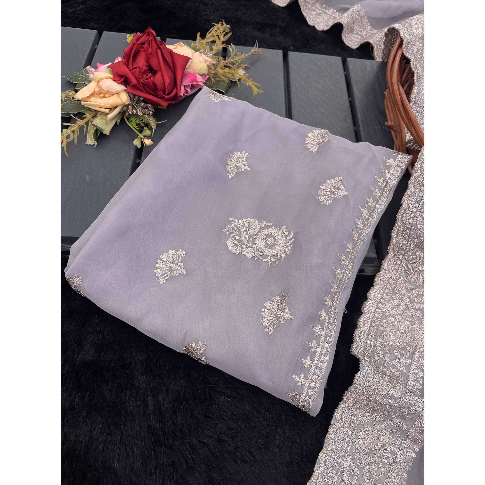 Lavender Saree in Organza with Intricate Floral Embroidery