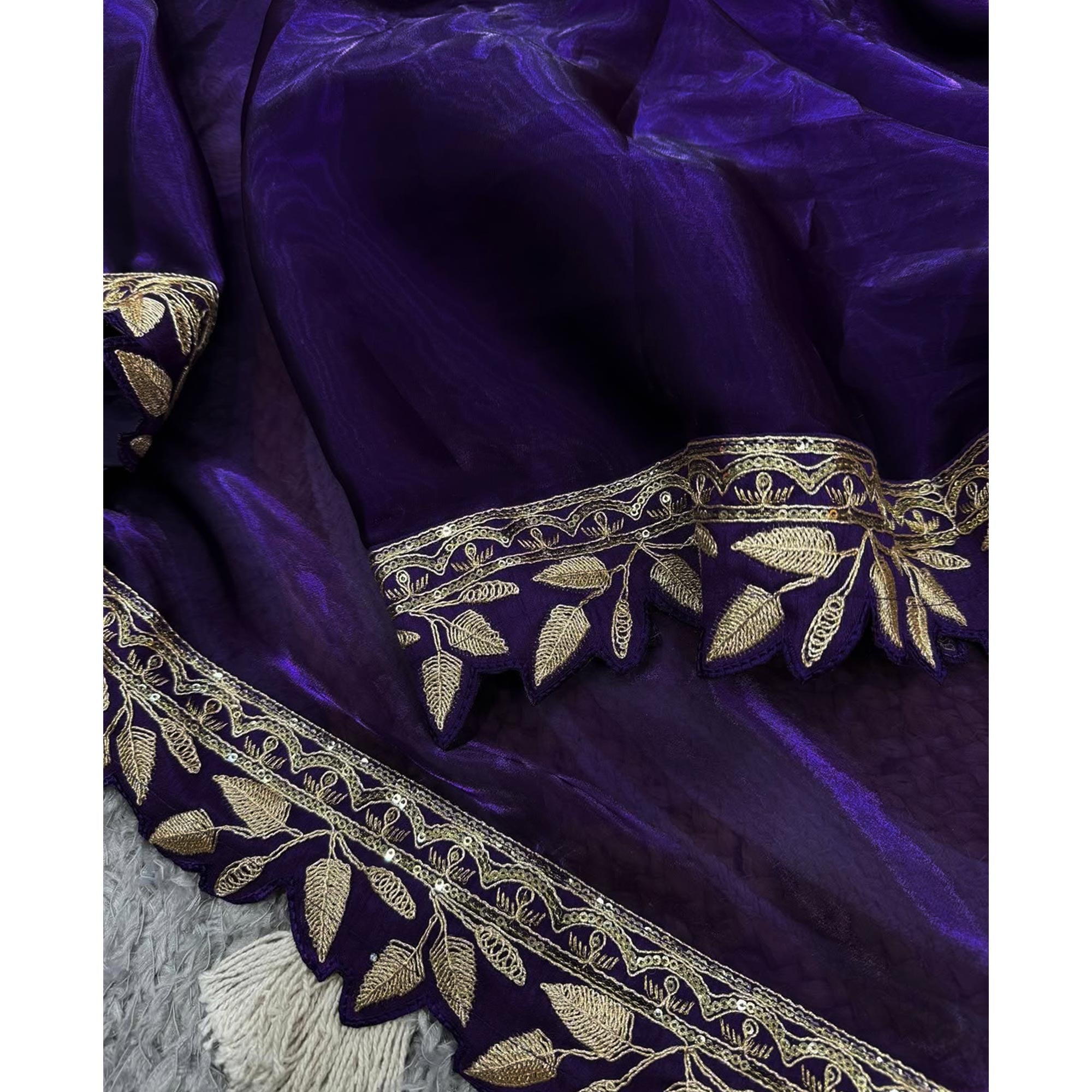 Royal Purple Satin Saree Adorned With Gleaming Sequins Embroidery & Elegant Solid Finish