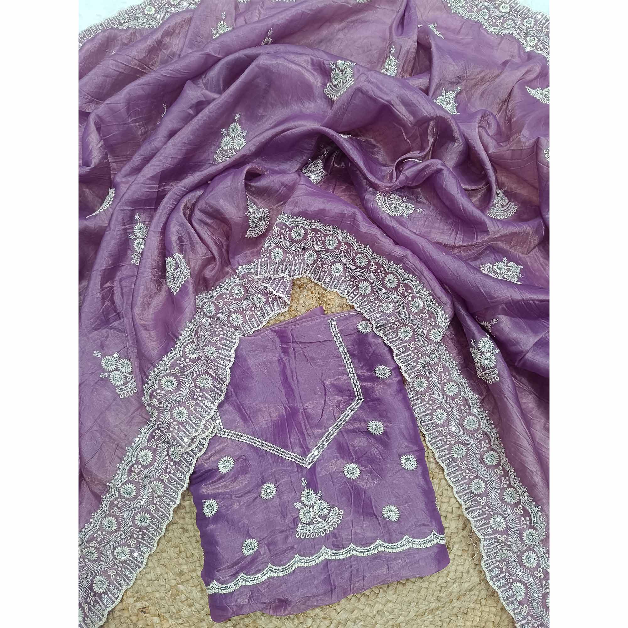 Lavender Cotton Blend Saree With Intricate Floral Thread Embroidery & Sparkling Sequins
