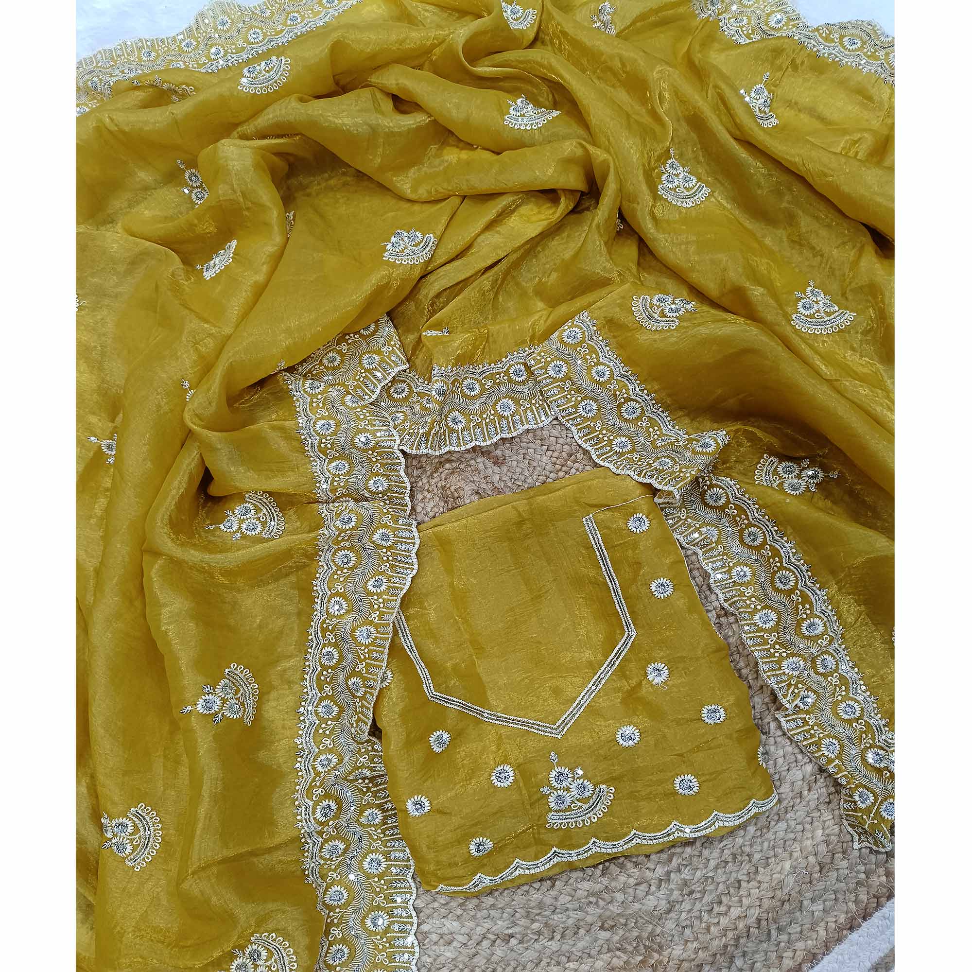 Mustard Cotton Blend Saree With Intricate Floral Thread Embroidery & Sparkling Sequins