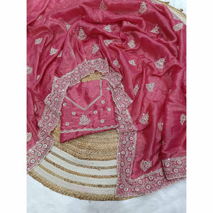 Pink Cotton Blend Saree With Intricate Floral Thread Embroidery & Sparkling Sequins