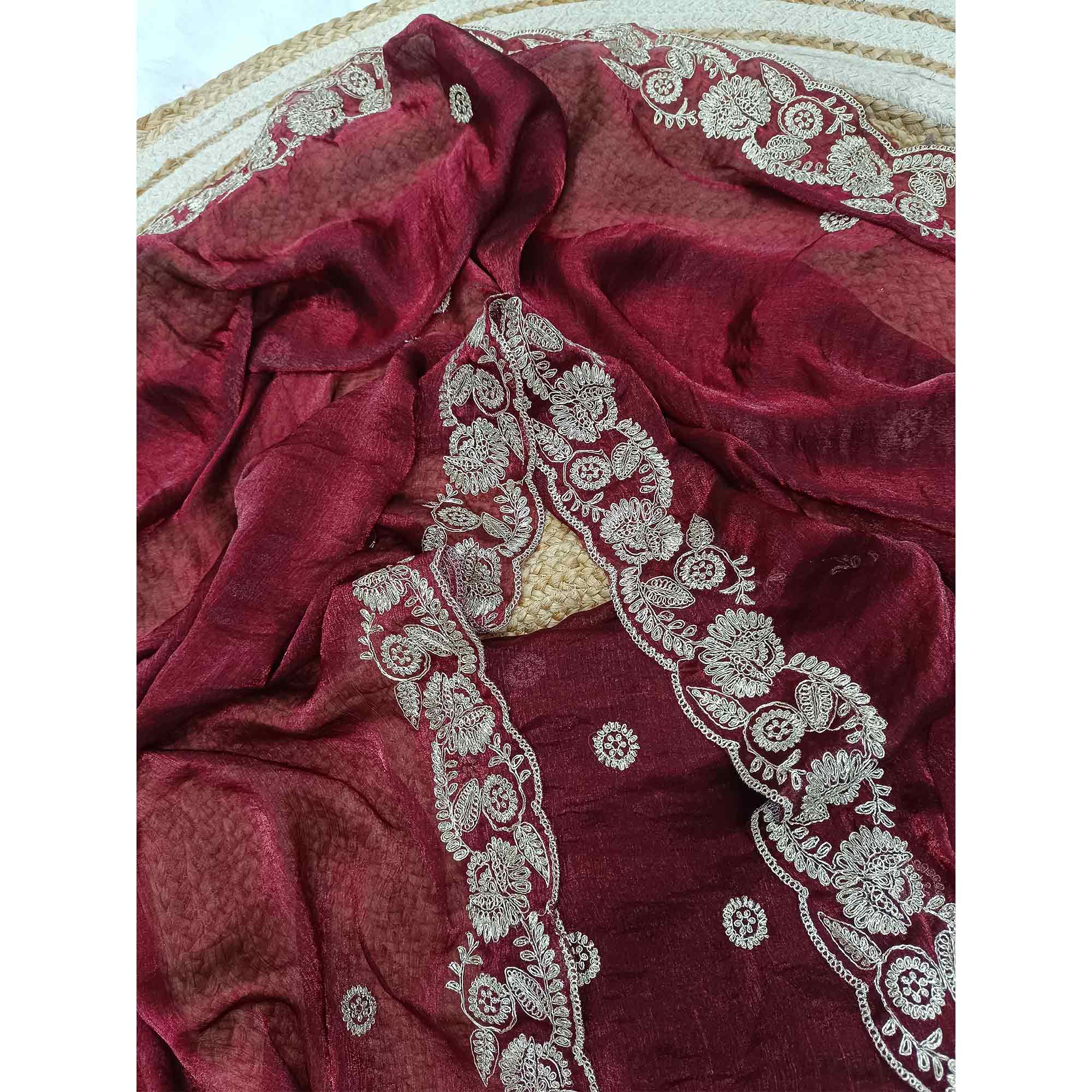 Maroon Satin Silk Saree Accented With Intricate Floral Cording Embroidery