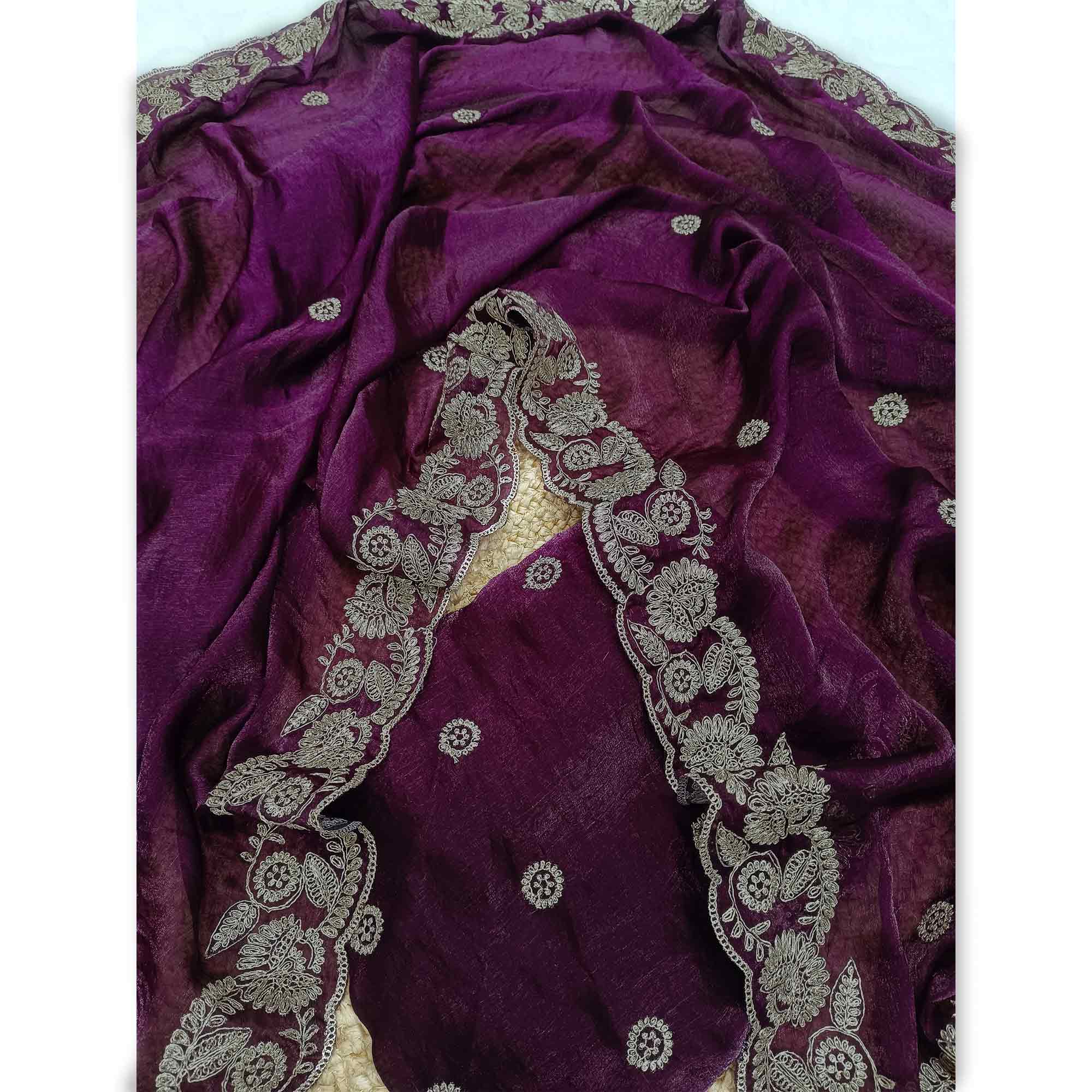 Wine Satin Silk Saree Accented With Intricate Floral Cording Embroidery