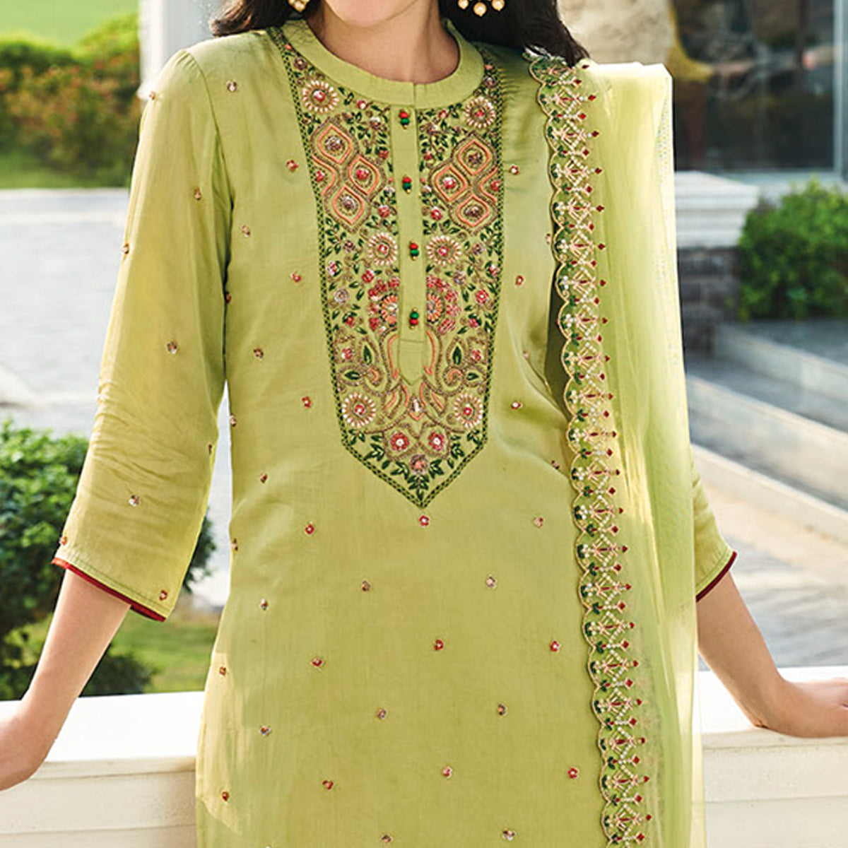 Green Embroidered Chinon Sharara Suit