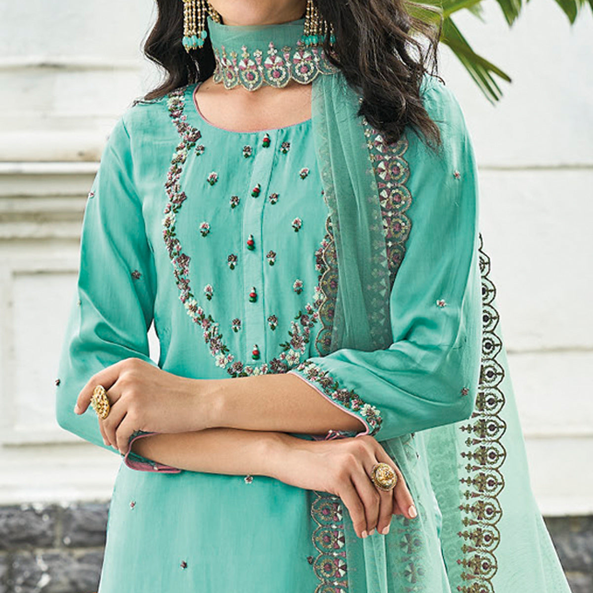Turquoise Embroidered Chinon Sharara Suit